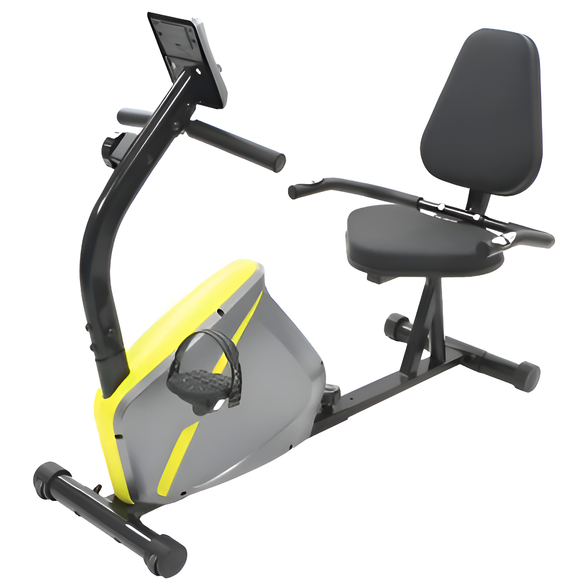 Stationäres Trainingsfahrrad, schwarz und grau mit gelben Akzenten. Es hat einen Sitz, einen Lenker und Pedale.