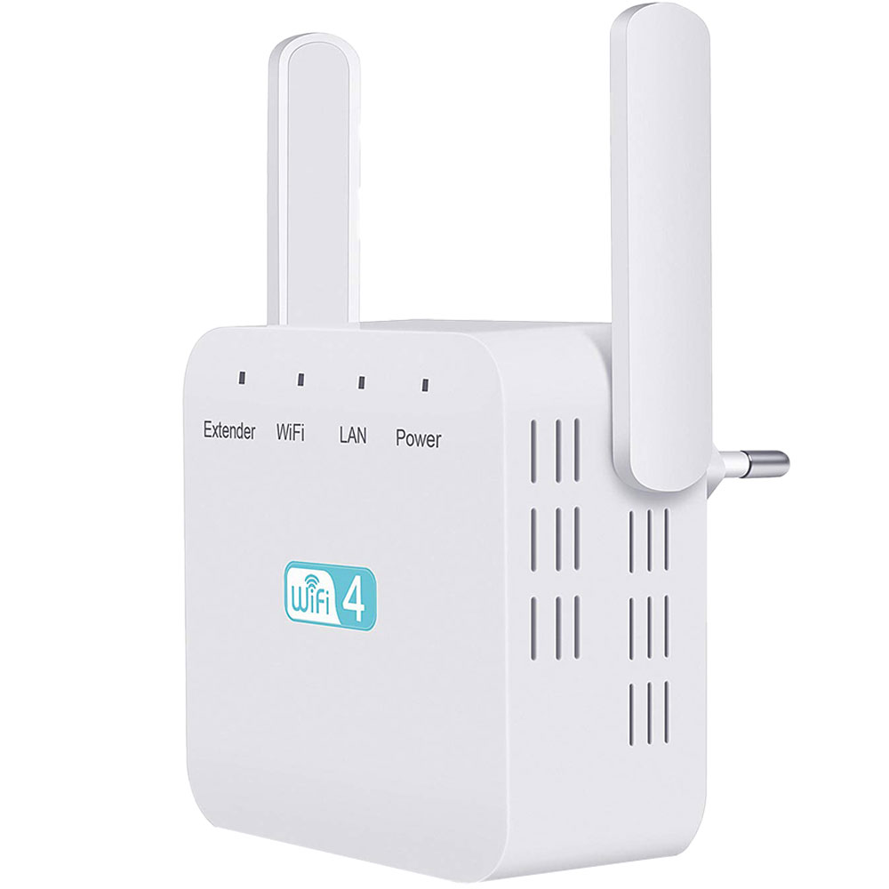 Weißer WLAN-Extender mit Antennen, beschriftet mit Extender, WiFi, LAN und Power.