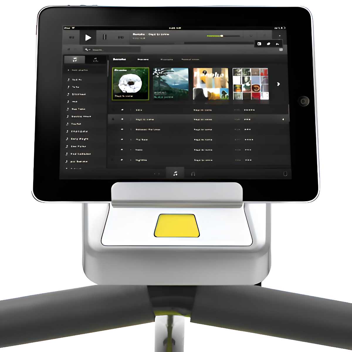 Tablet auf Ständer, der Musikoberfläche zeigt. Ständer mit gelbem Knopf, weißem Sockel.