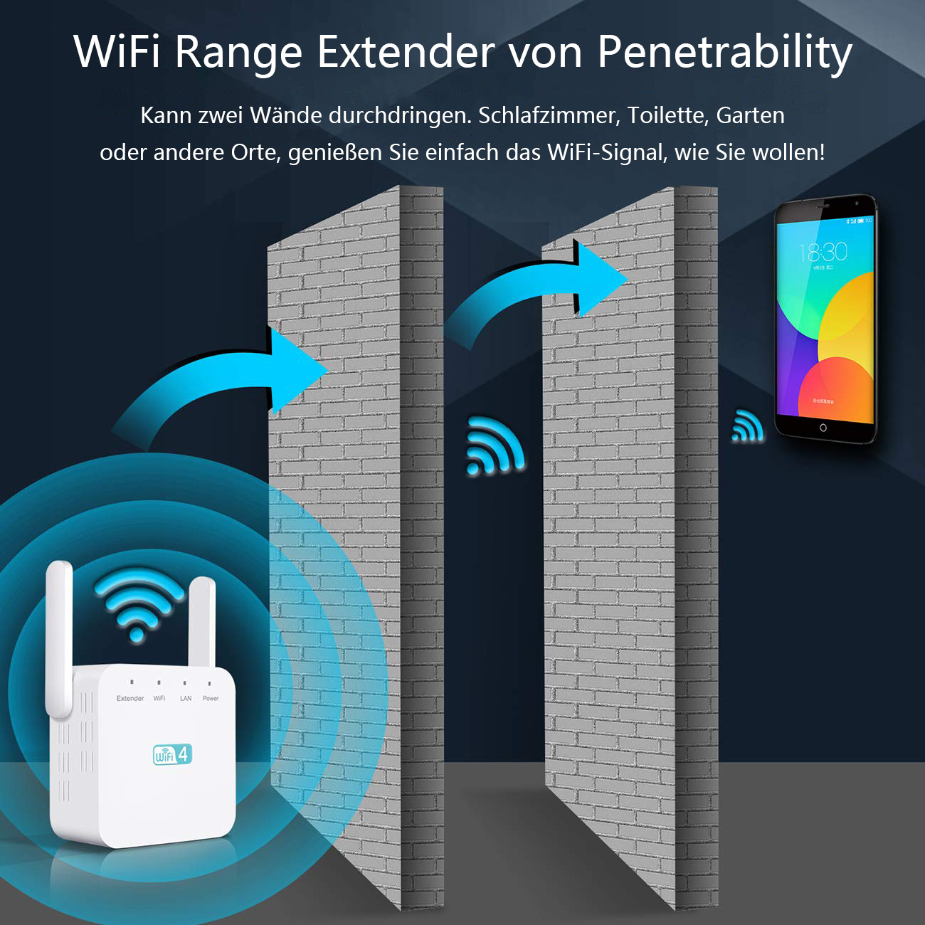 WLAN-Repeater mit zwei Wänden. Blaue Pfeile zeigen das Signal. Telefon rechts.