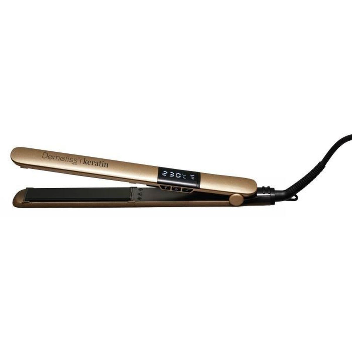 Goldener Haarglätter auf weißer Oberfläche. Er hat eine Digitalanzeige mit 230°C. Schwarzes Kabel angeschlossen.