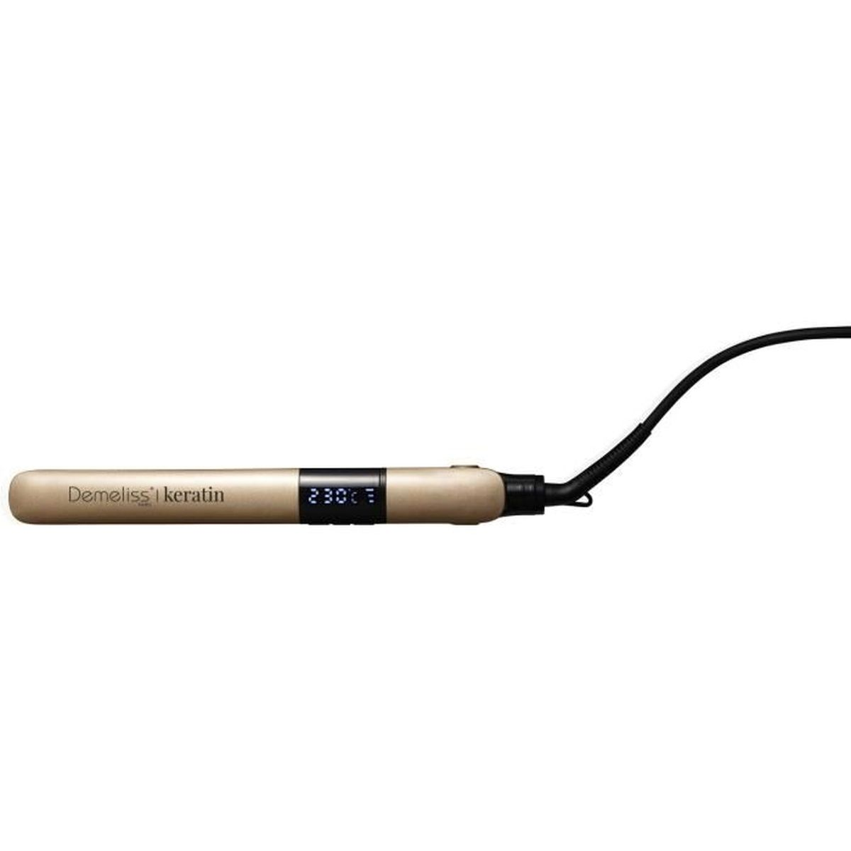 Ein goldfarbener Haarglätter mit Digitalanzeige und schwarzem Kabel, auf weißem Grund.