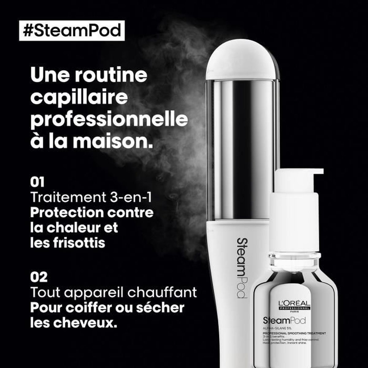 Ein Produkt mit Text und einem Haarstyling-Tool sowie einer Flasche Haarprodukt.