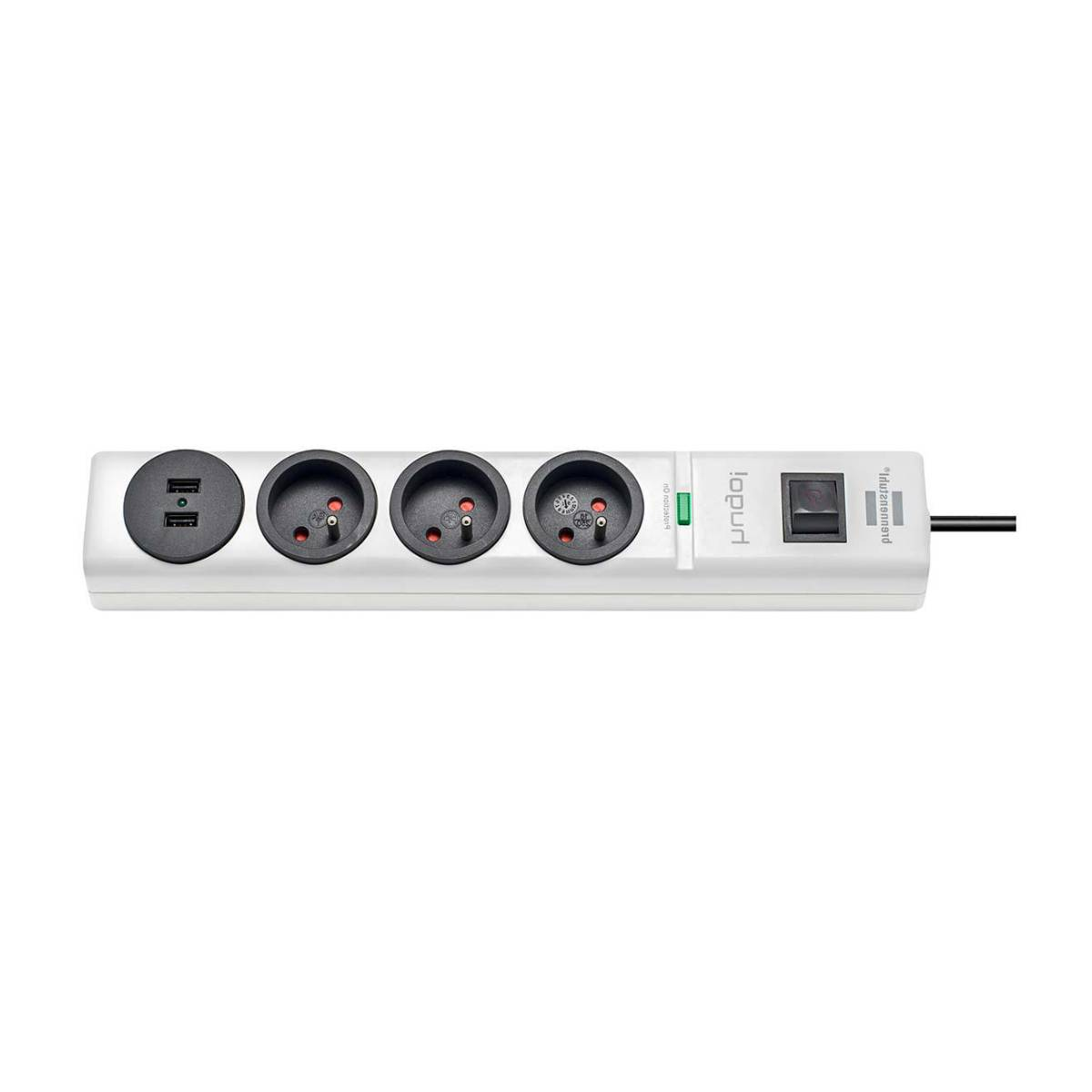 Weiße Steckdosenleiste mit vier Steckdosen und einem Schalter. Schwarze USB-Anschlüsse links.