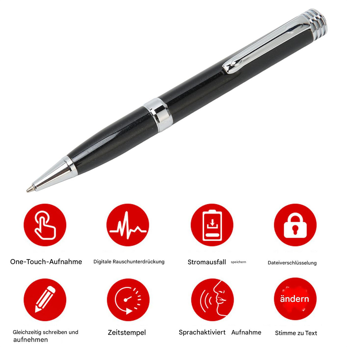 Ein schwarzer Stift mit metallischen Akzenten und Symbolen, die Funktionen wie One-Touch-Aufnahme anzeigen.