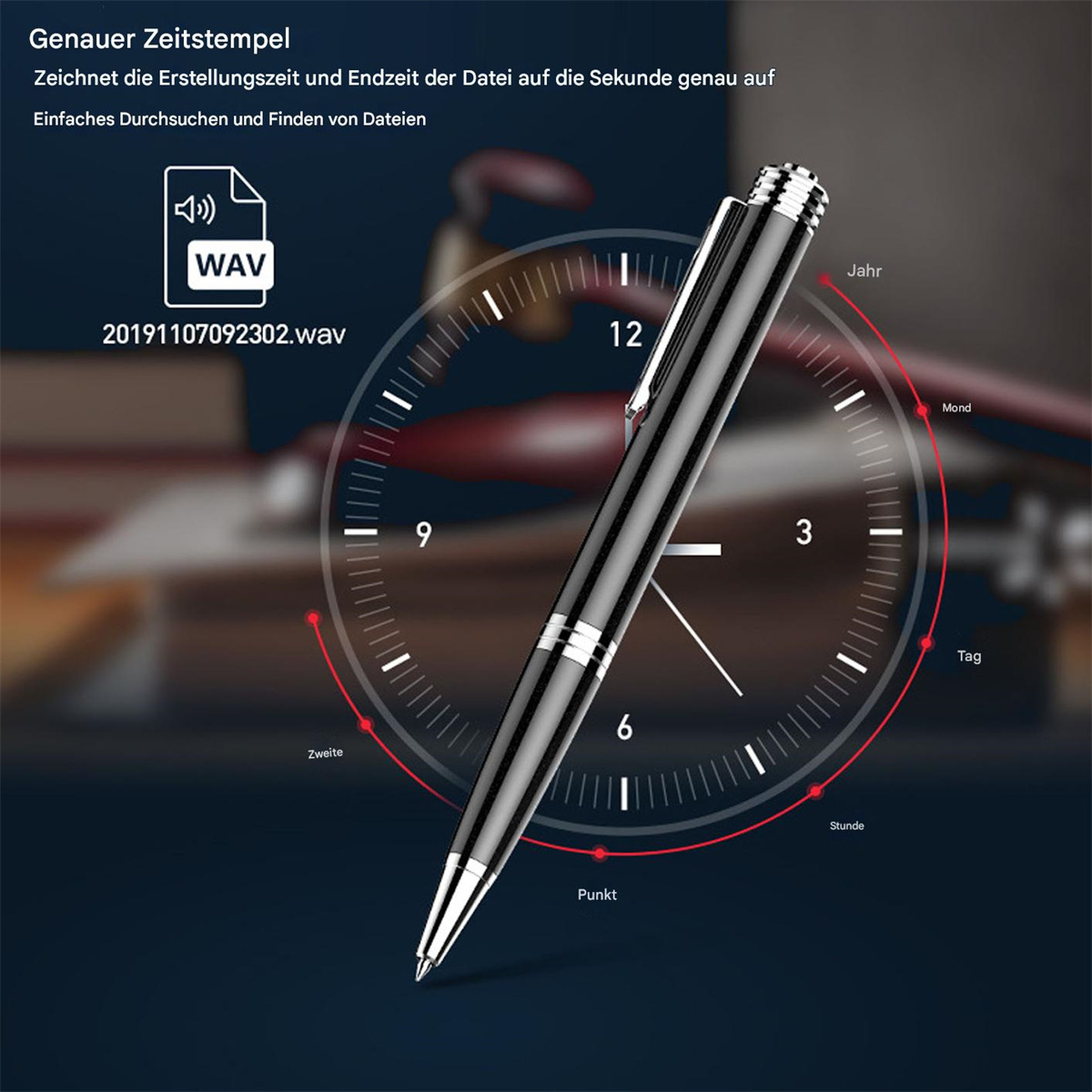 Schwarzer Stift mit Uhrgrafik, die Zeit und Datum anzeigt. Textbeschriftungen auf Deutsch.
