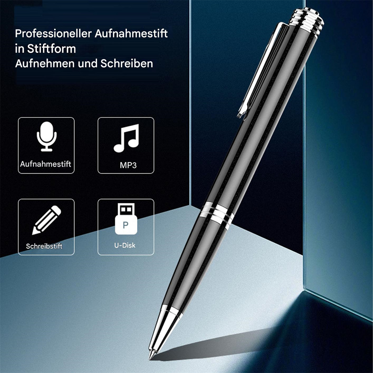 Schwarzer Stift mit silbernen Akzenten. Verschiedene Symbole und deutscher Text heben seine Funktionen hervor.