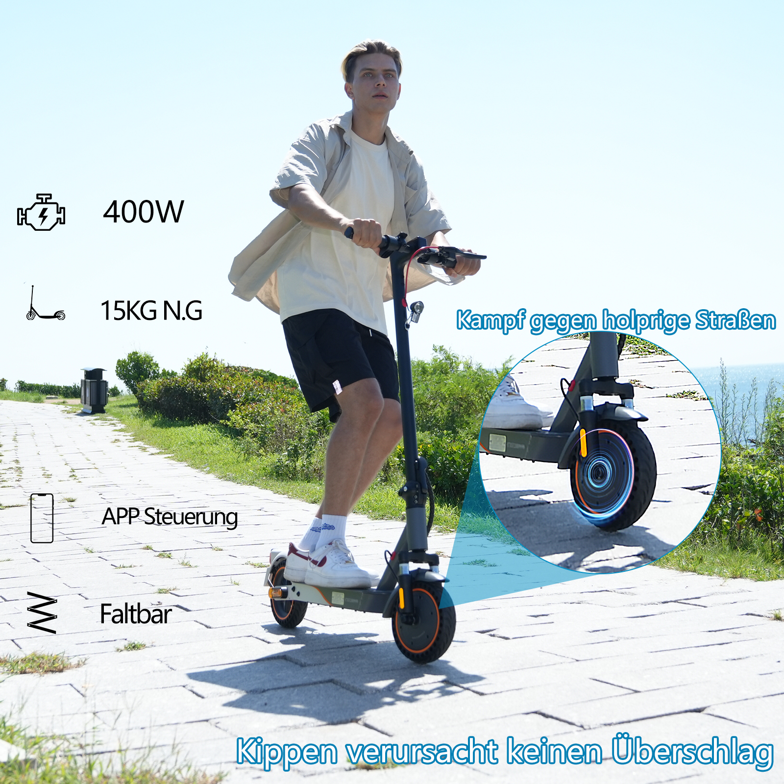 Eine Person fährt mit einem Elektroroller auf einem gepflasterten Weg, Text und Grafiken.