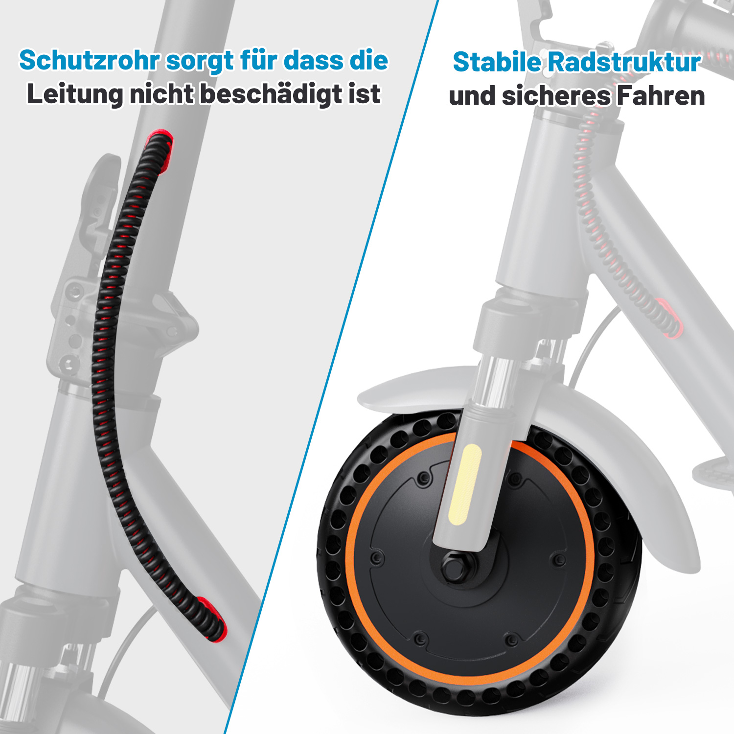 Nahaufnahme eines Scooters mit schwarzem Schutzrohr und Rad mit orangefarbenem Streifen. Text.