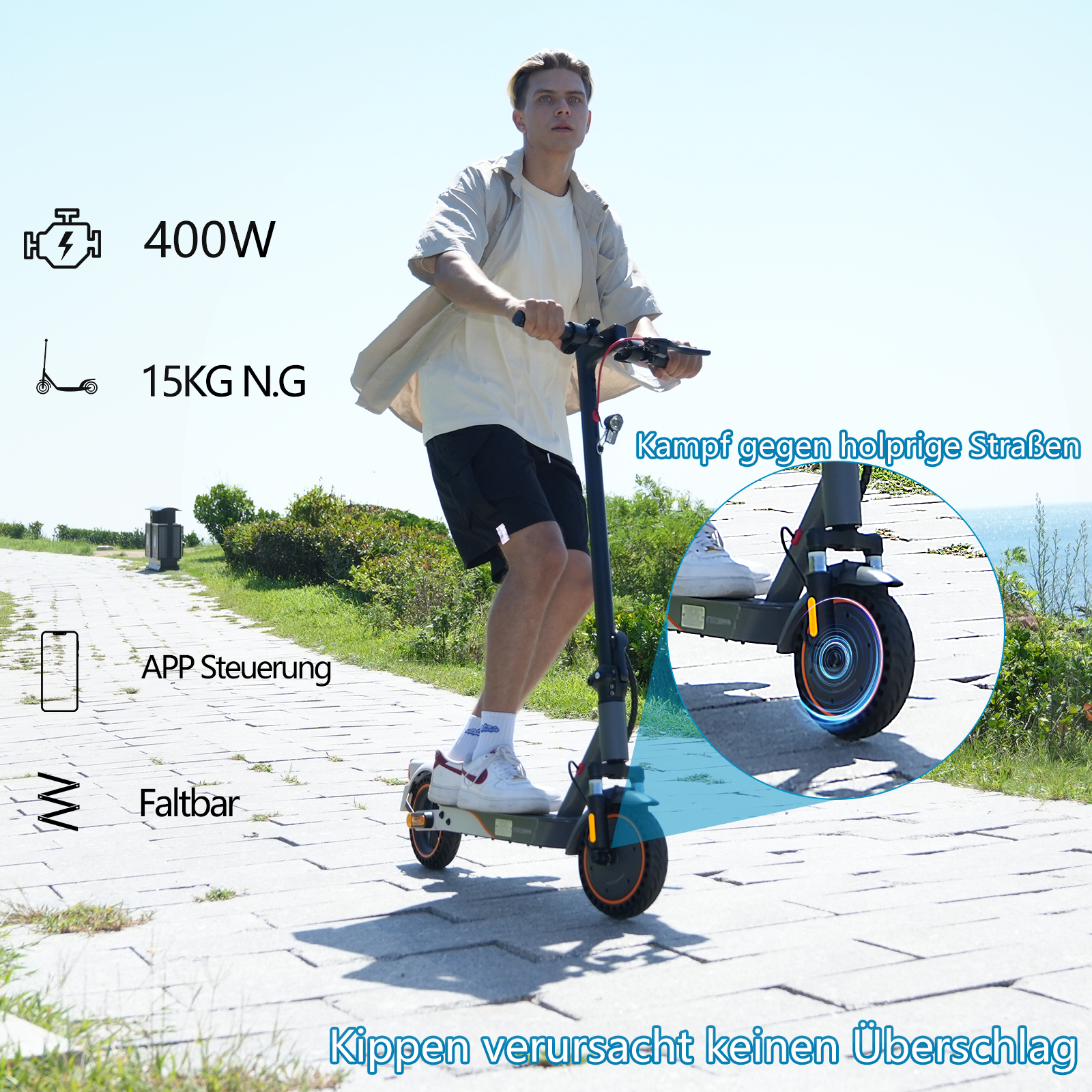 Mann fährt einen Elektroroller auf einem Weg.  Text über den Roller wird gezeigt.