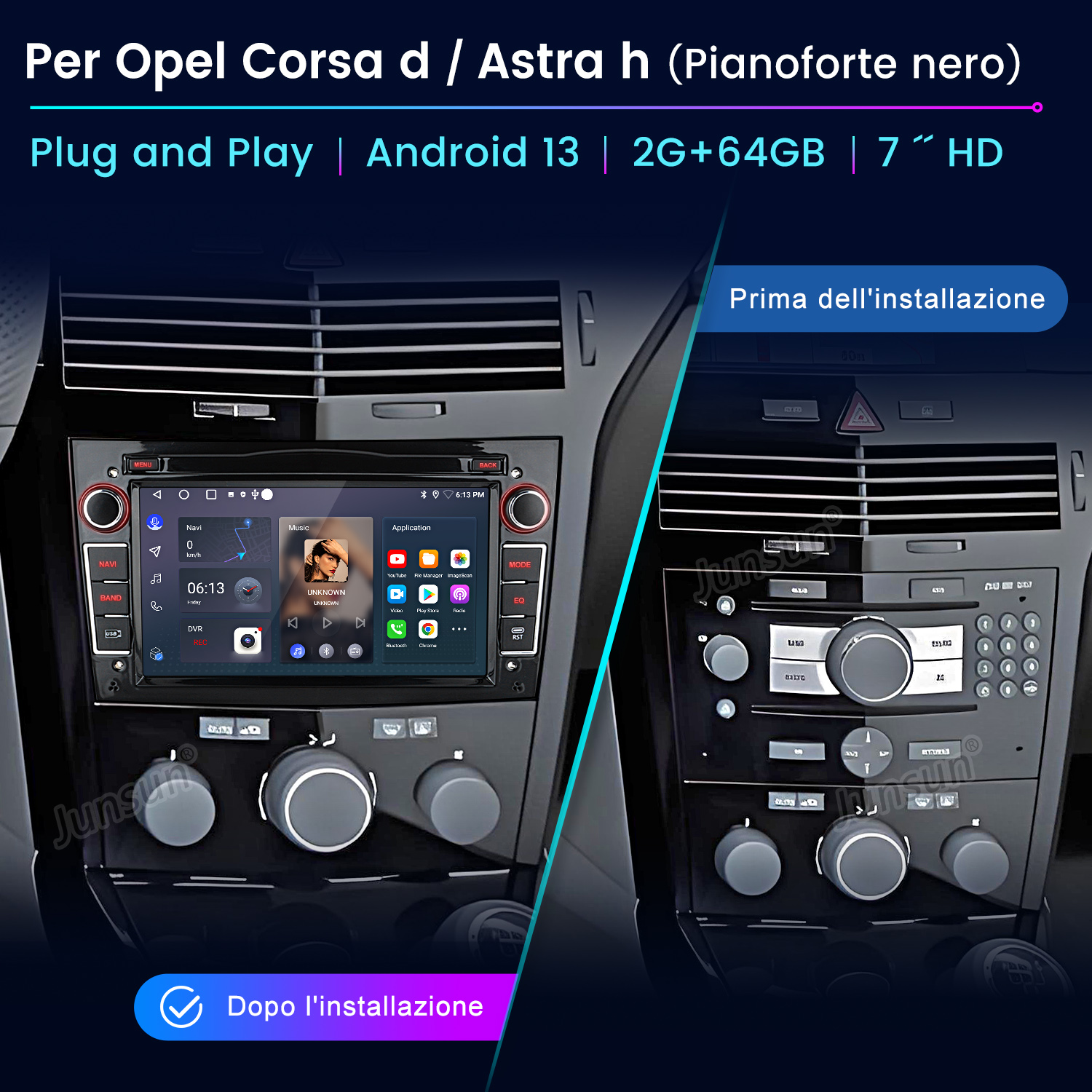 Schermo autoradio con immagini prima e dopo l'installazione, che mostra interfaccia e pulsanti.