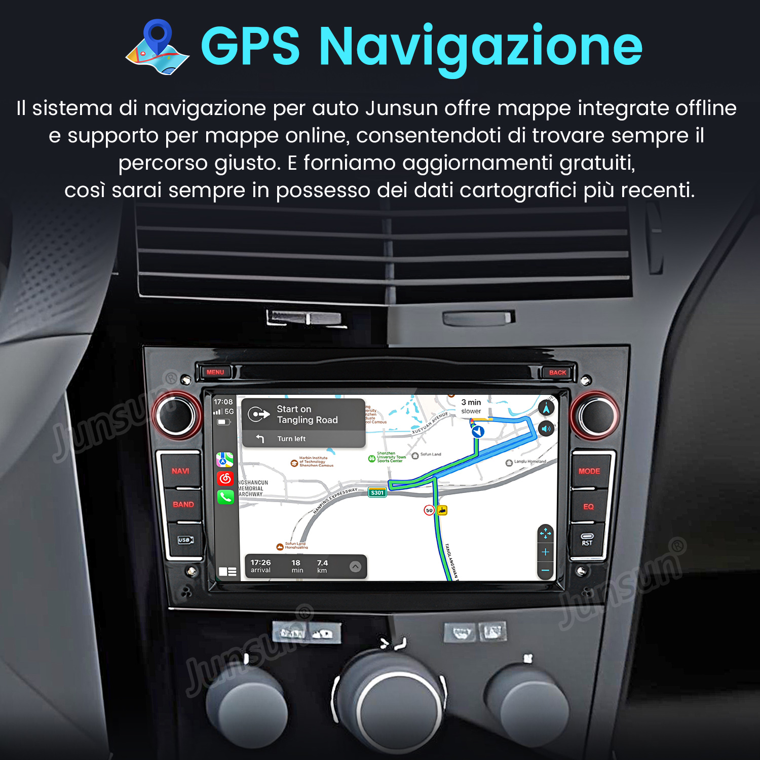 Schermo del sistema di navigazione dell'auto che mostra una mappa. Sono visibili anche il cruscotto e i pulsanti di controllo.