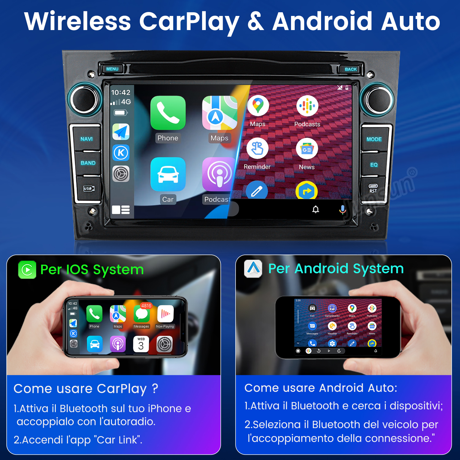 Schermo autoradio che mostra menu, con istruzioni per CarPlay e Android Auto sotto.