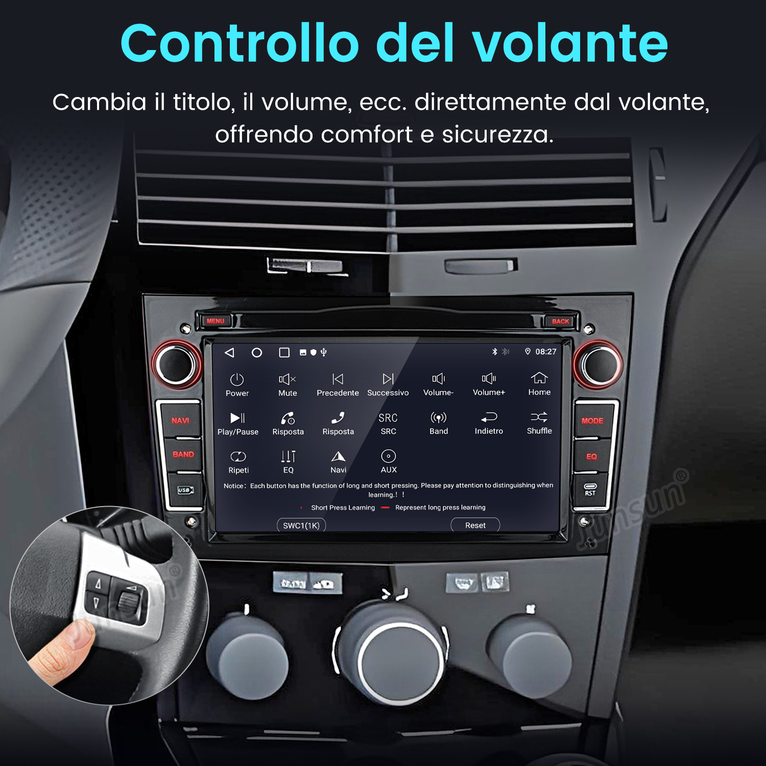 Pannello di controllo autoradio, con pulsanti per navigazione, media e volume, testo sullo schermo.