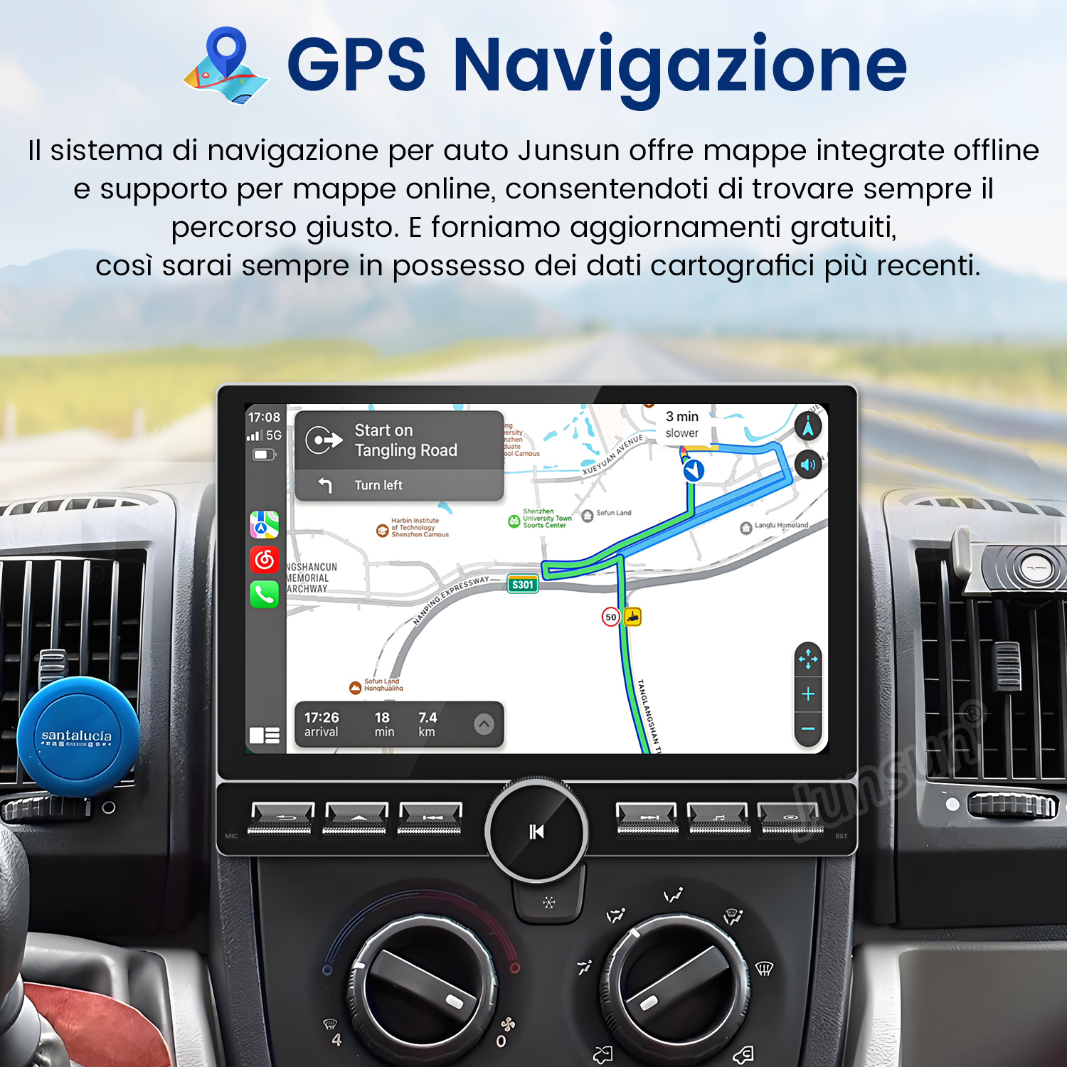 Pantalla de navegación GPS en un coche, mostrando un mapa con indicaciones y texto.