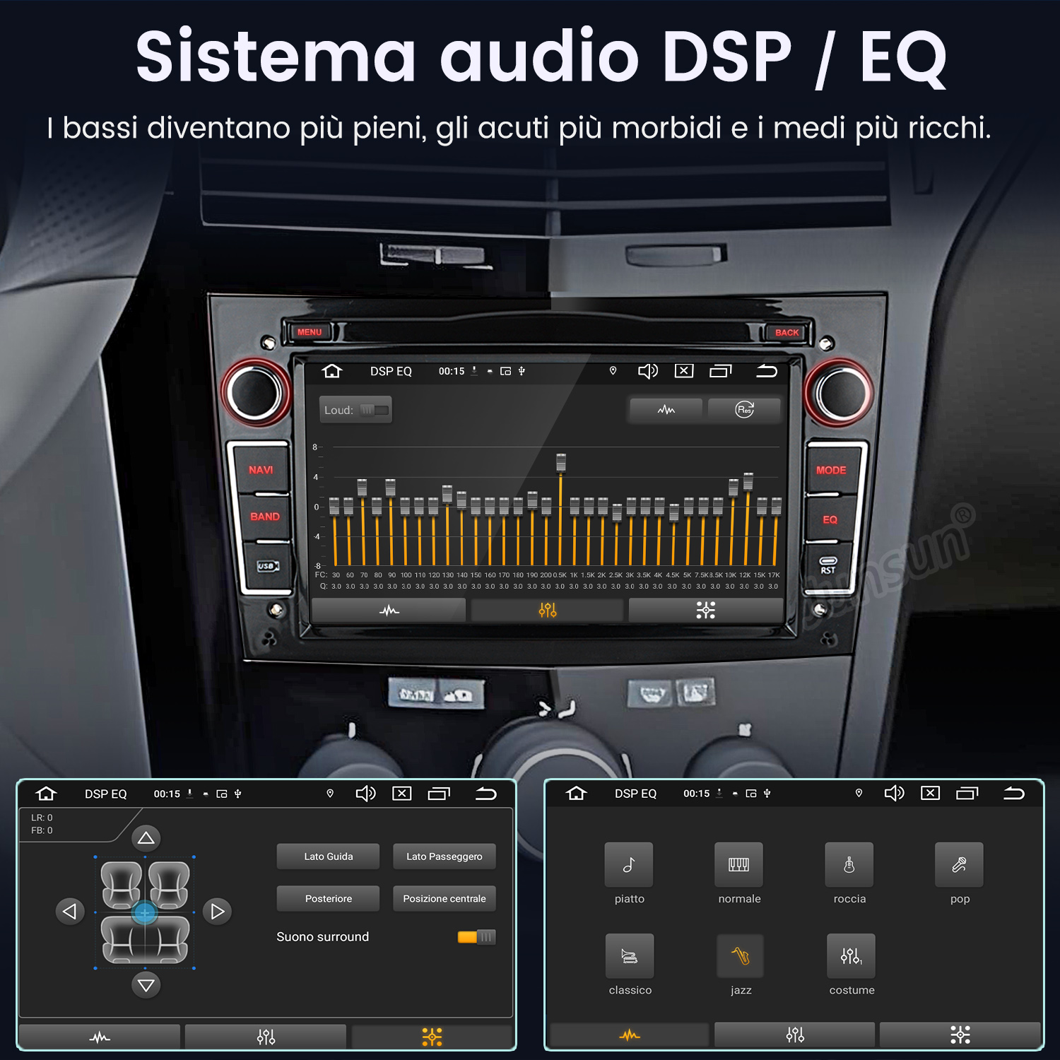 Interfaccia autoradio con schermo che mostra un grafico EQ e impostazioni. Testo in italiano presente.