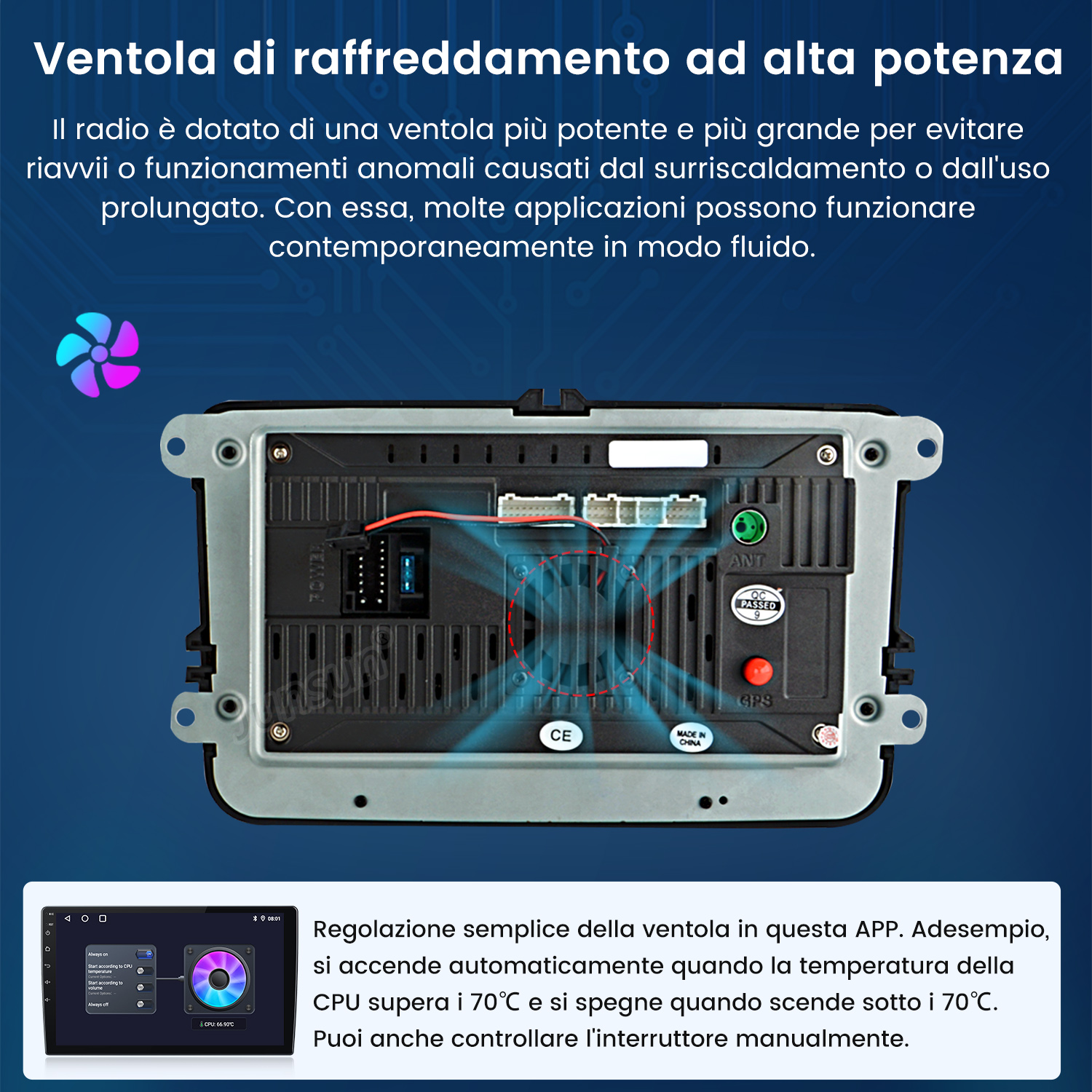 Display autoradio con testo che descrive il funzionamento della ventola e il controllo della temperatura.