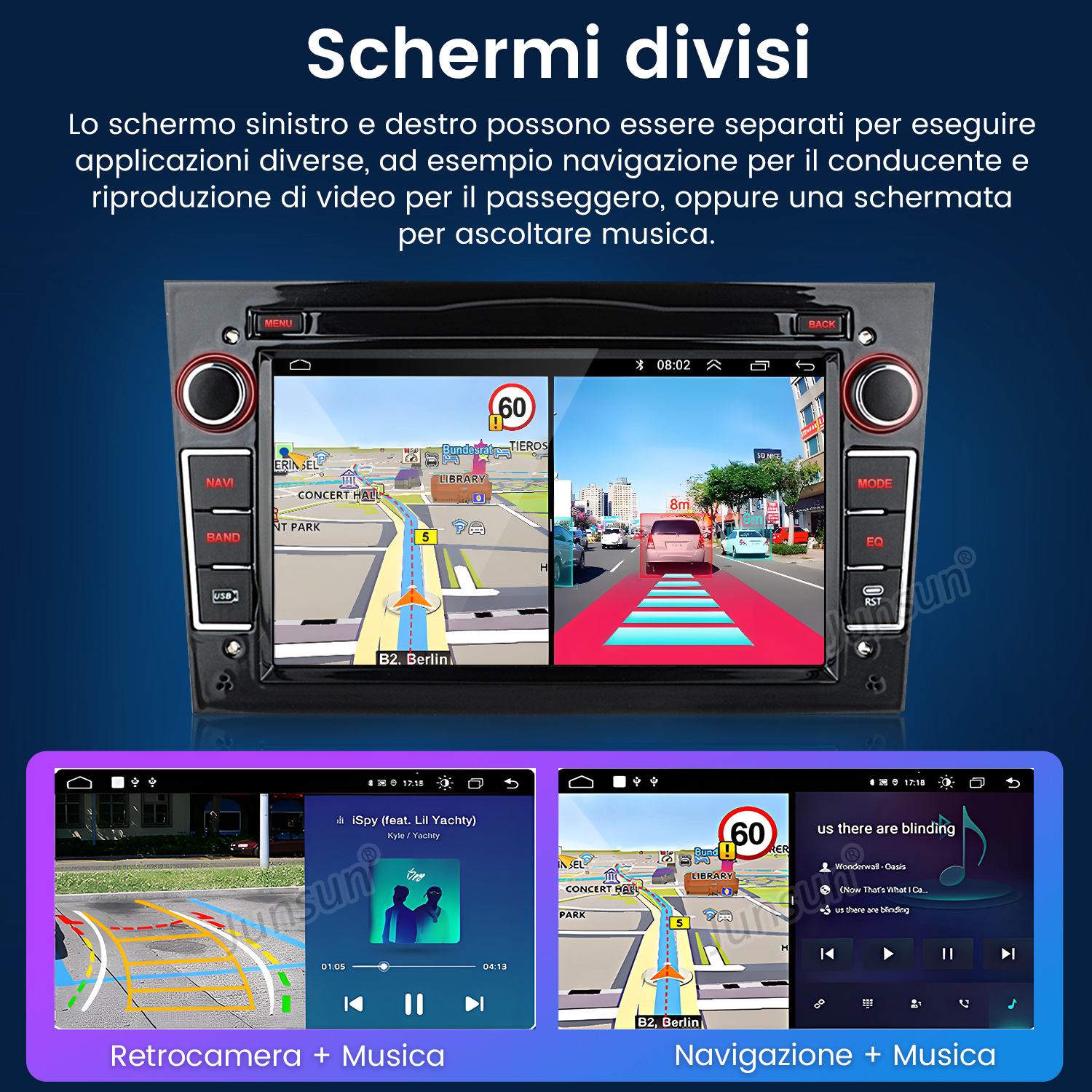Sistema di infotainment per auto con schermo diviso. Un lato mostra la navigazione, l'altro la musica.