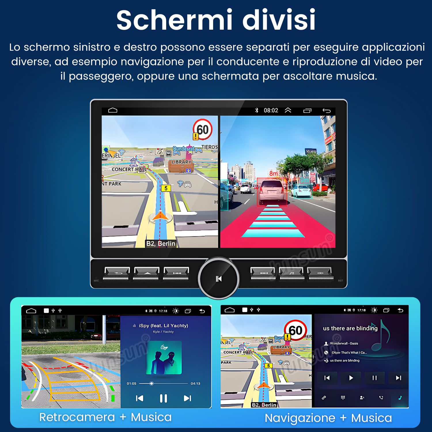 Pantalla multimedia de coche mostrando navegación y música. Dos pantallas pequeñas muestran música y cámara trasera.