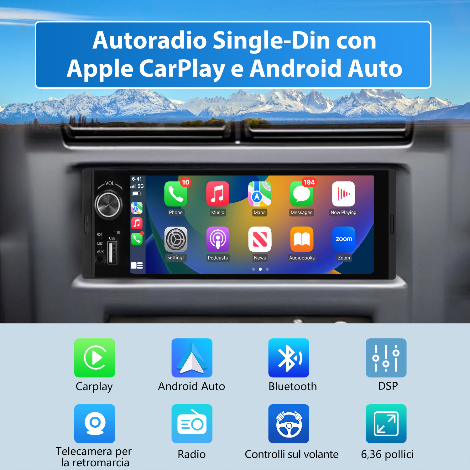 Autoradio con Apple CarPlay e Android Auto, mostra icone app e sfondo montuoso.