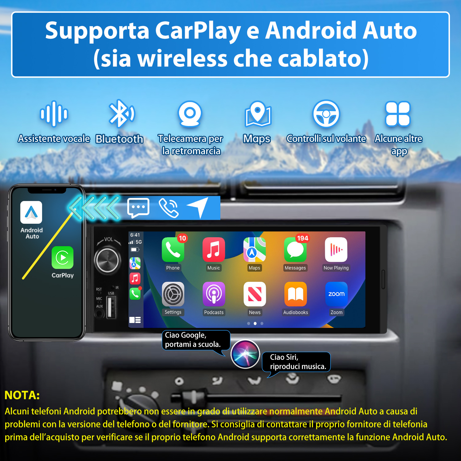 Schermo autoradio che mostra Android Auto e CarPlay, con icone delle app e testo.