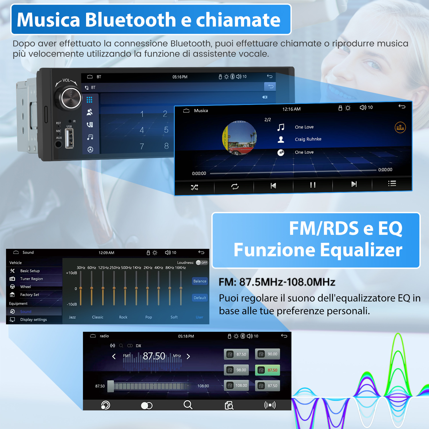 Schermo del sistema stereo per auto con controlli musicali e impostazioni dell'equalizzatore. Funzioni FM/RDS e EQ.