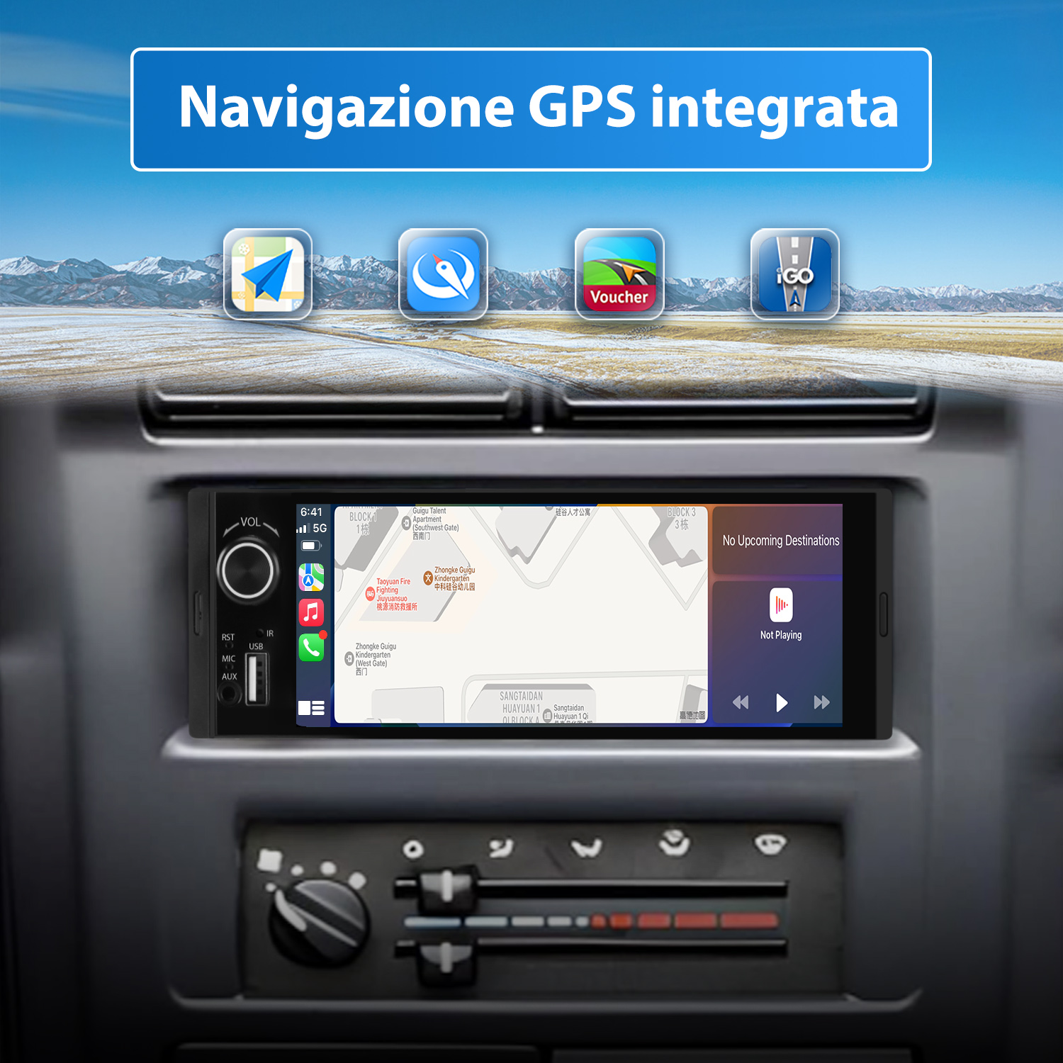 Schermo autoradio che mostra una mappa, con icone di navigazione e schermo digitale.