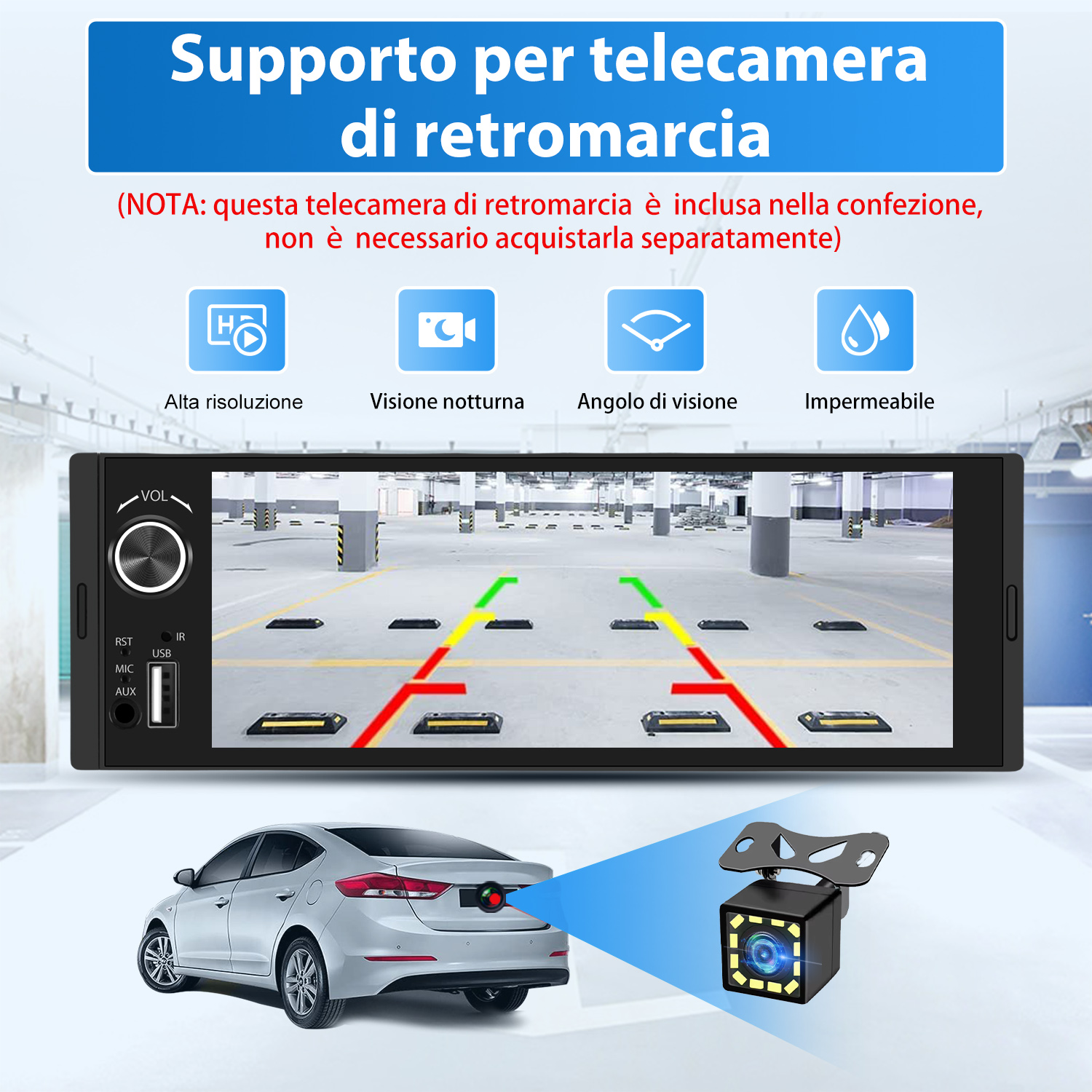 Schermo stereo auto che mostra la vista dell'assistenza al parcheggio con un'auto e un'impostazione della telecamera posteriore.