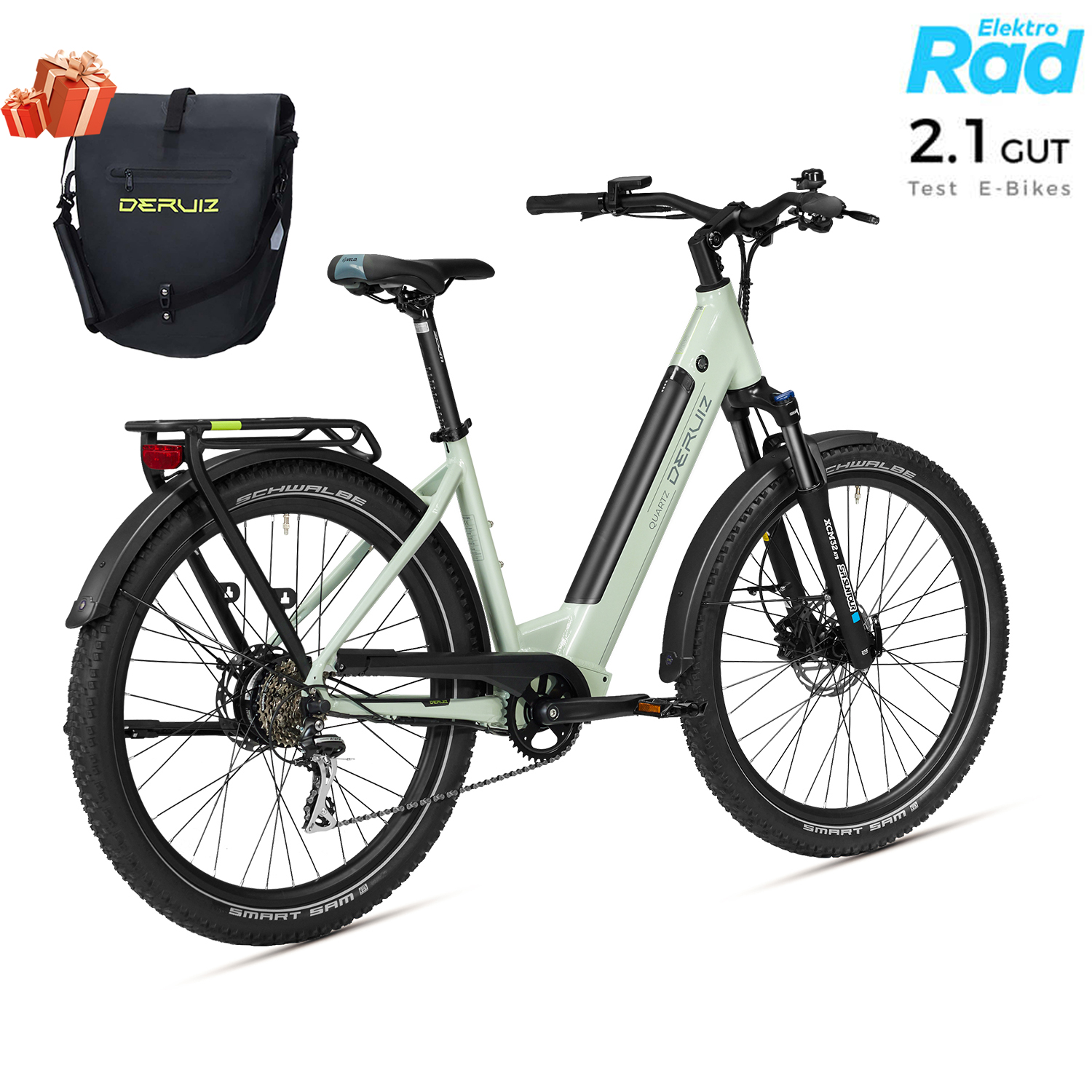 Minzgrünes Elektrofahrrad mit schwarzen Accessoires. Eine Tasche und eine Geschenkbox sind sichtbar.