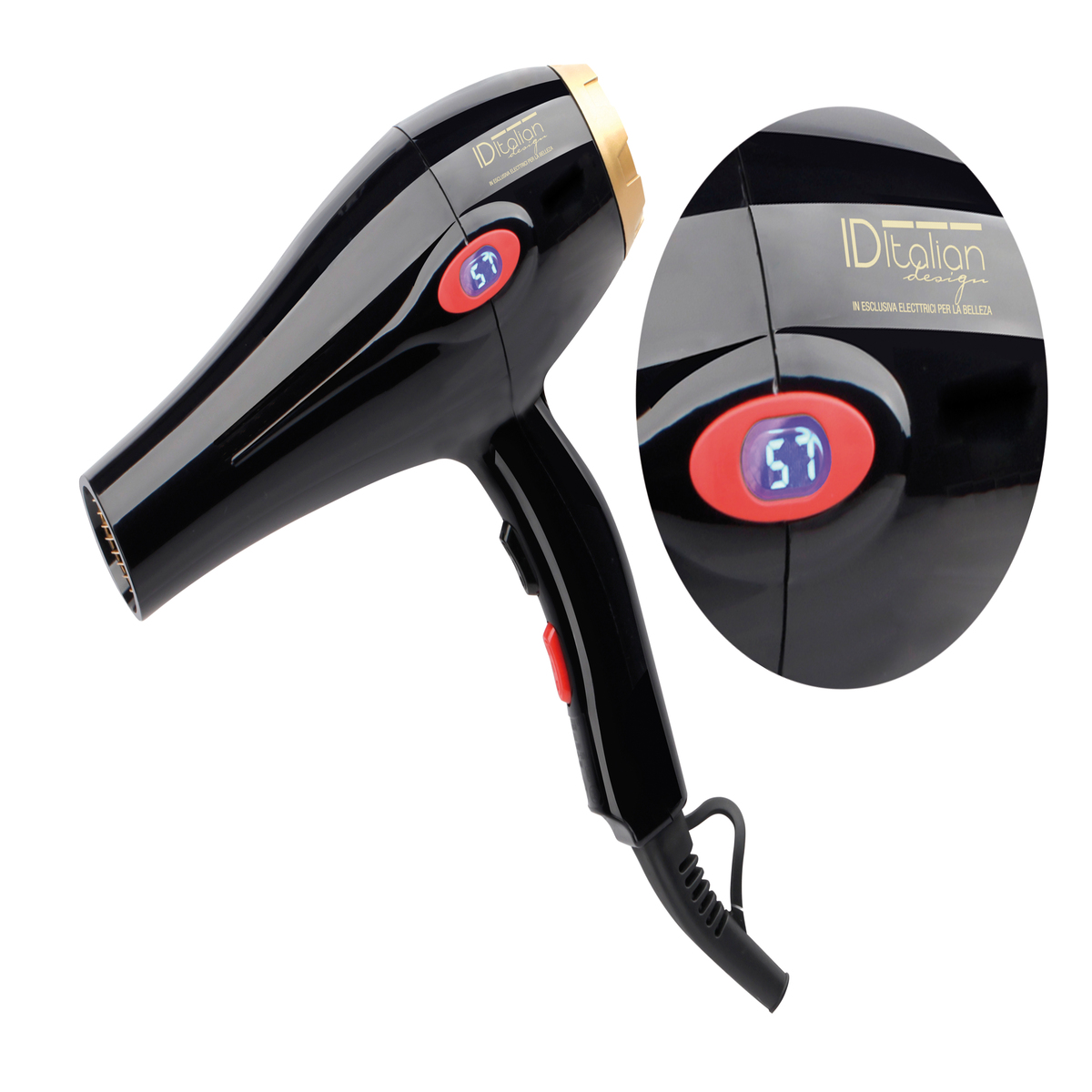 Czarna suszarka do włosów ze złotymi akcentami i wyświetlaczem cyfrowym pokazującym 57. Białe tło.