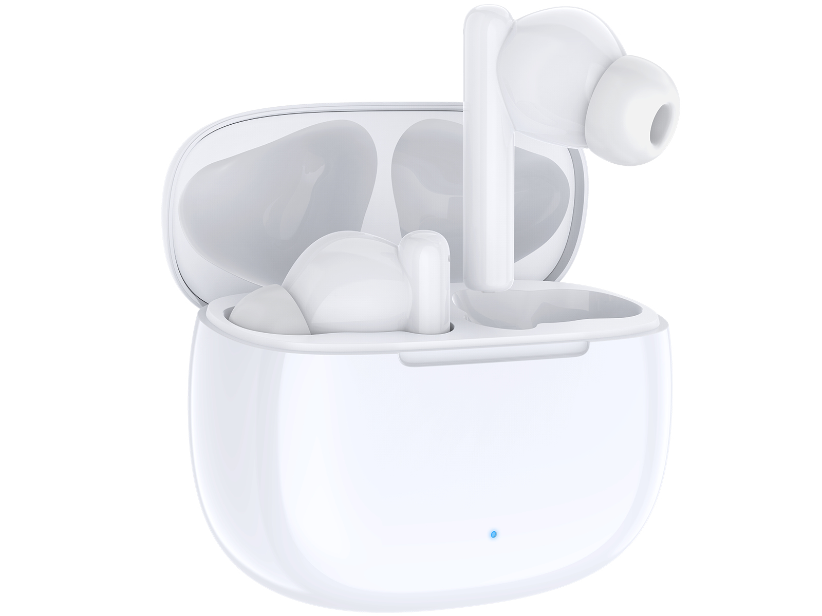 Auricolari wireless bianchi in una custodia di ricarica bianca. La custodia è aperta.