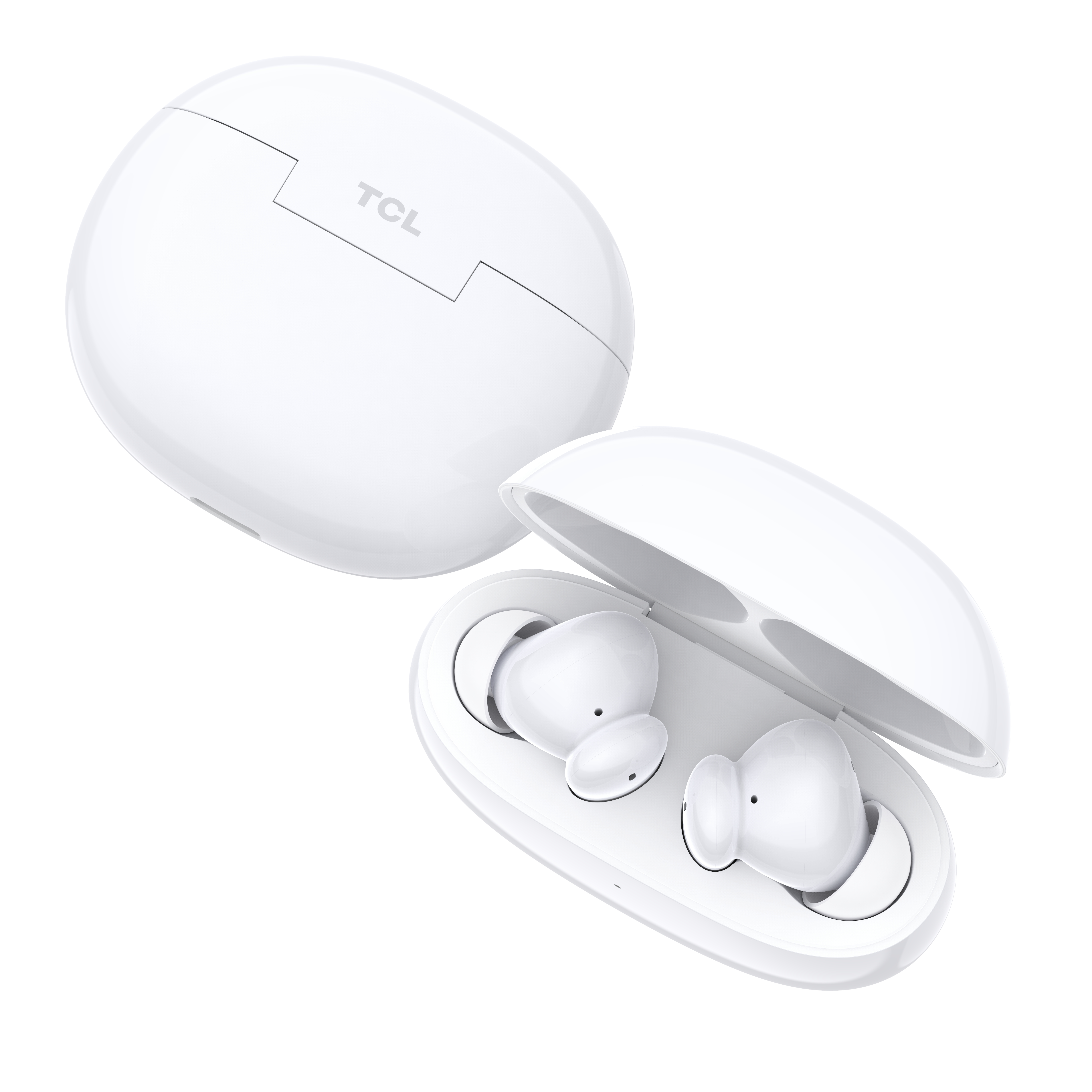 Auricolari TCL bianchi con custodia. Custodia aperta, auricolari visibili. Sfondo bianco.