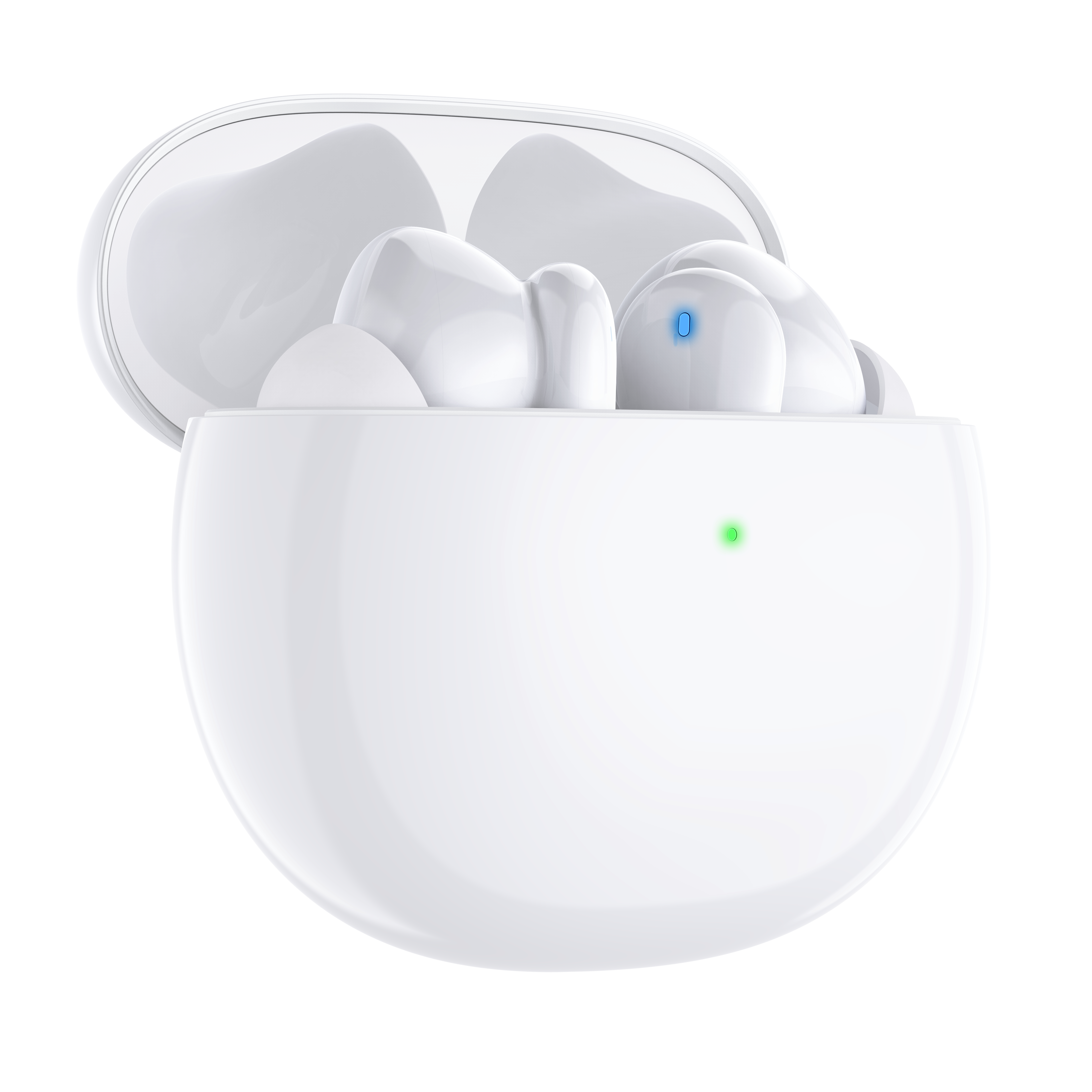 Auricolari wireless bianchi in una custodia di ricarica bianca. Un auricolare ha una luce blu.