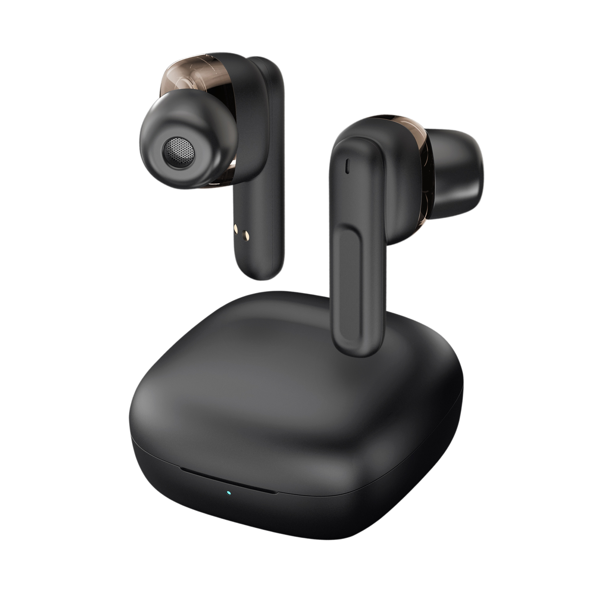 Auricolari wireless neri con custodia di ricarica.