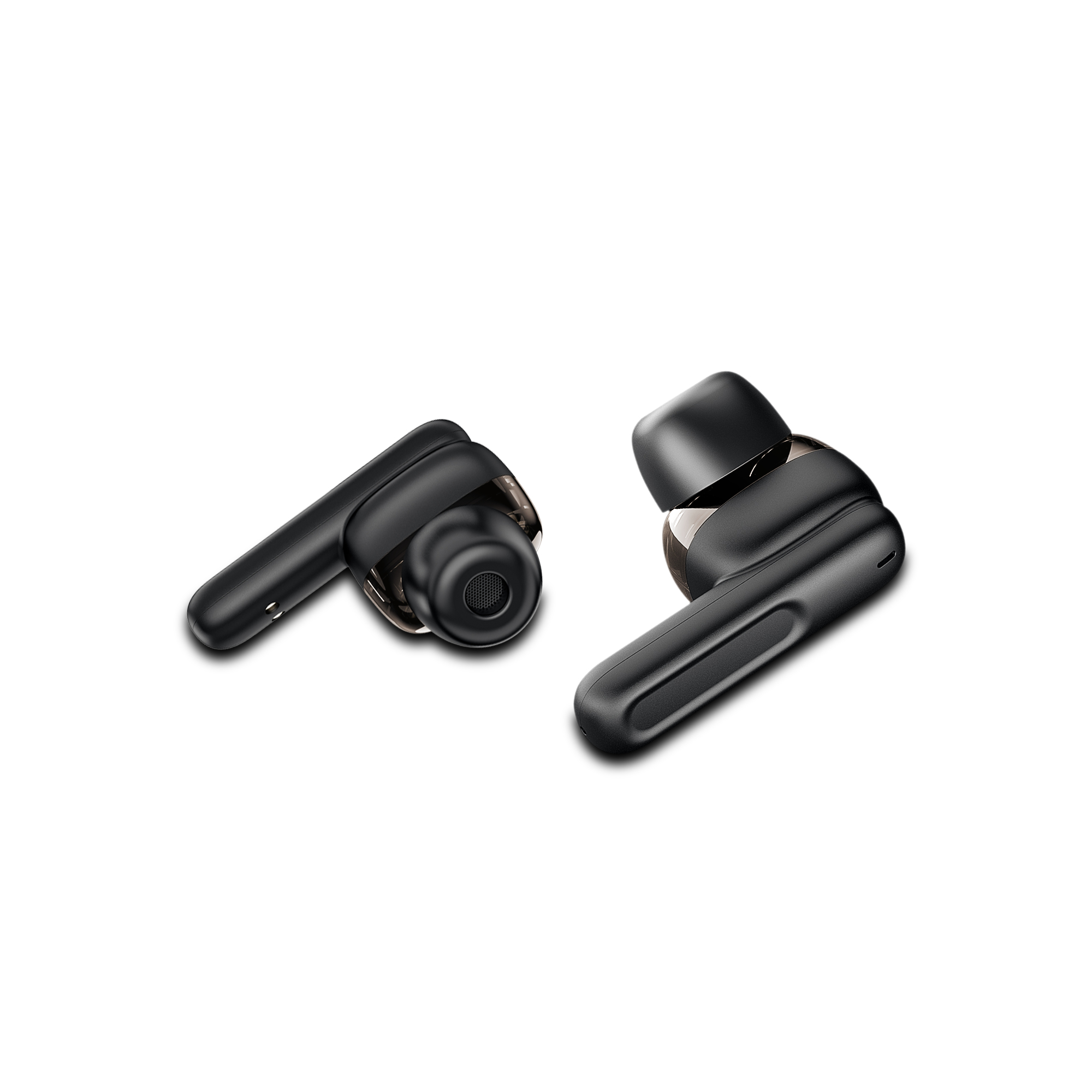Due auricolari wireless neri su una superficie bianca. Gli auricolari sono angolati.