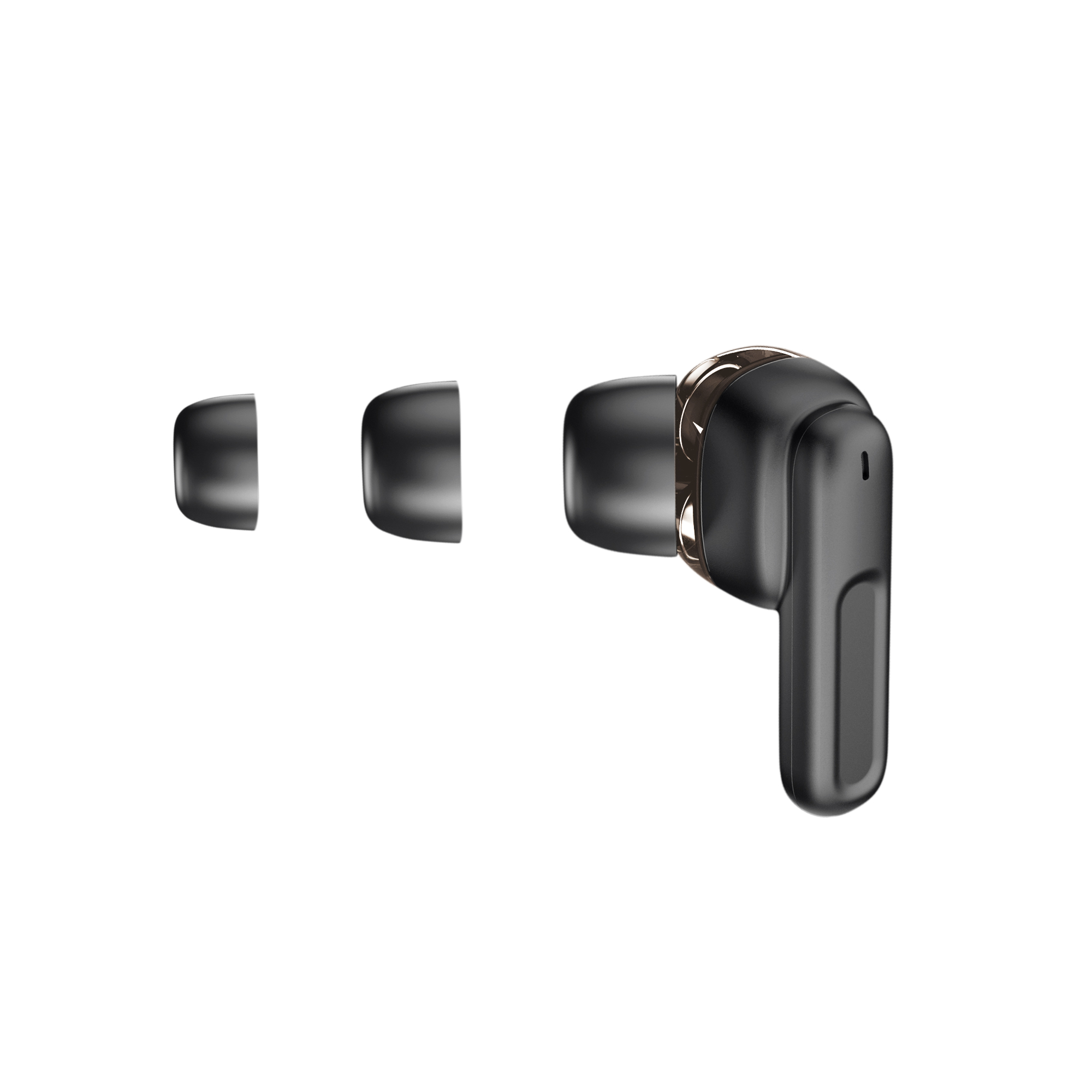 Auricolari con punte di ricambio su sfondo bianco, che mostrano un auricolare nero.