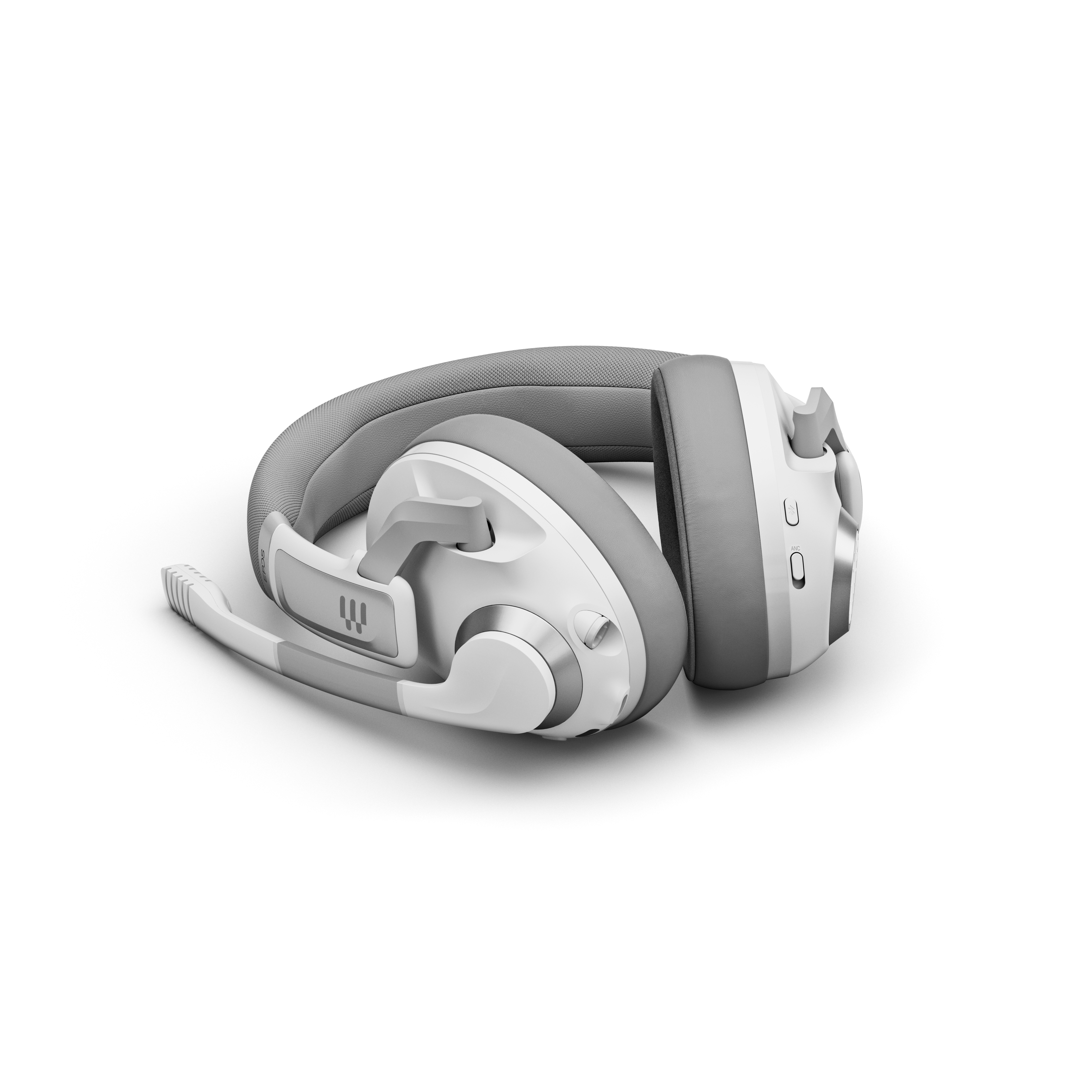 Cuffie wireless bianche e grigie. Le cuffie sono piegate, mostrando i padiglioni e il microfono.