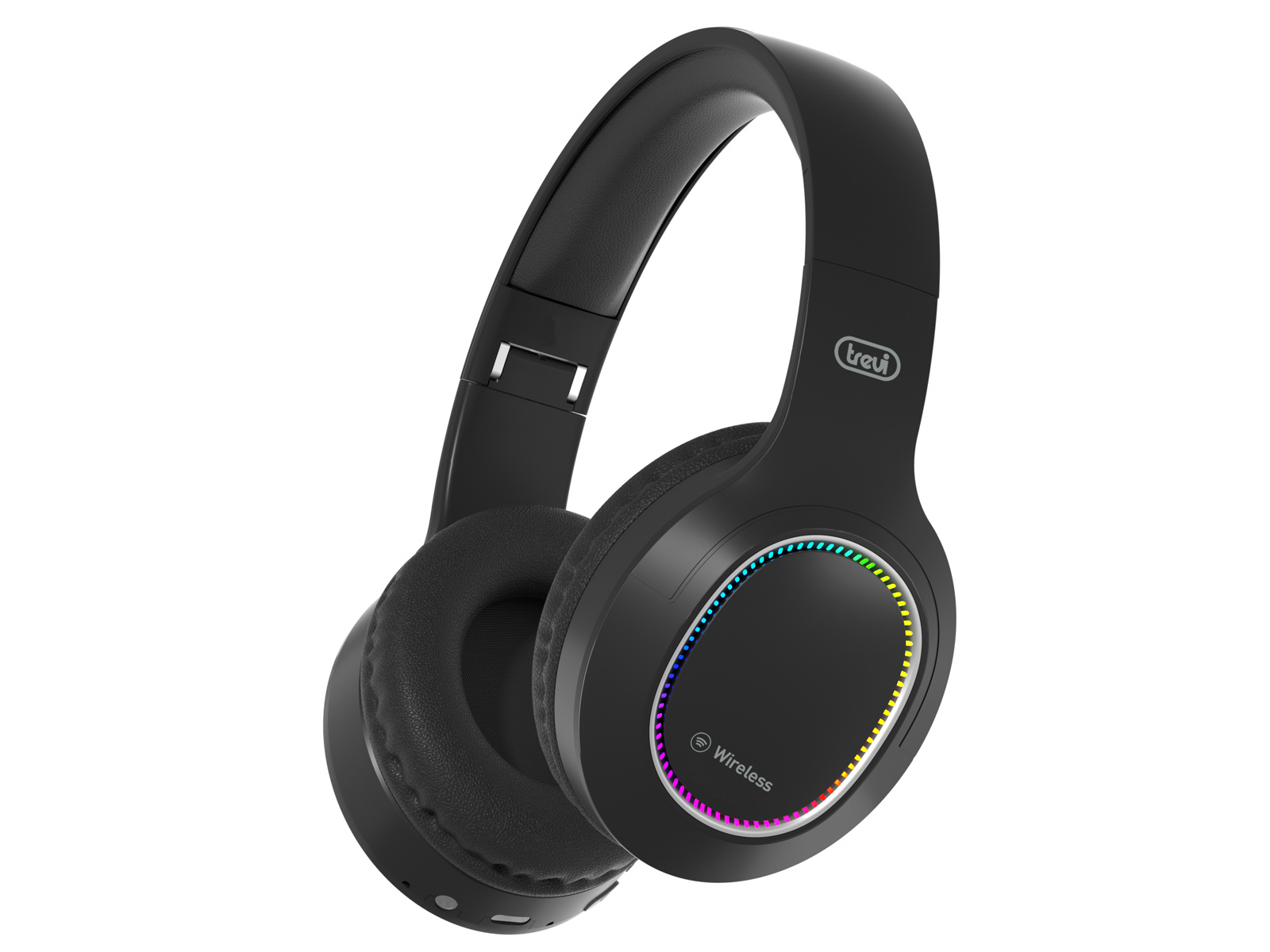 Cuffie wireless Trevi nere con una luce LED circolare attorno ai padiglioni, su sfondo bianco.
