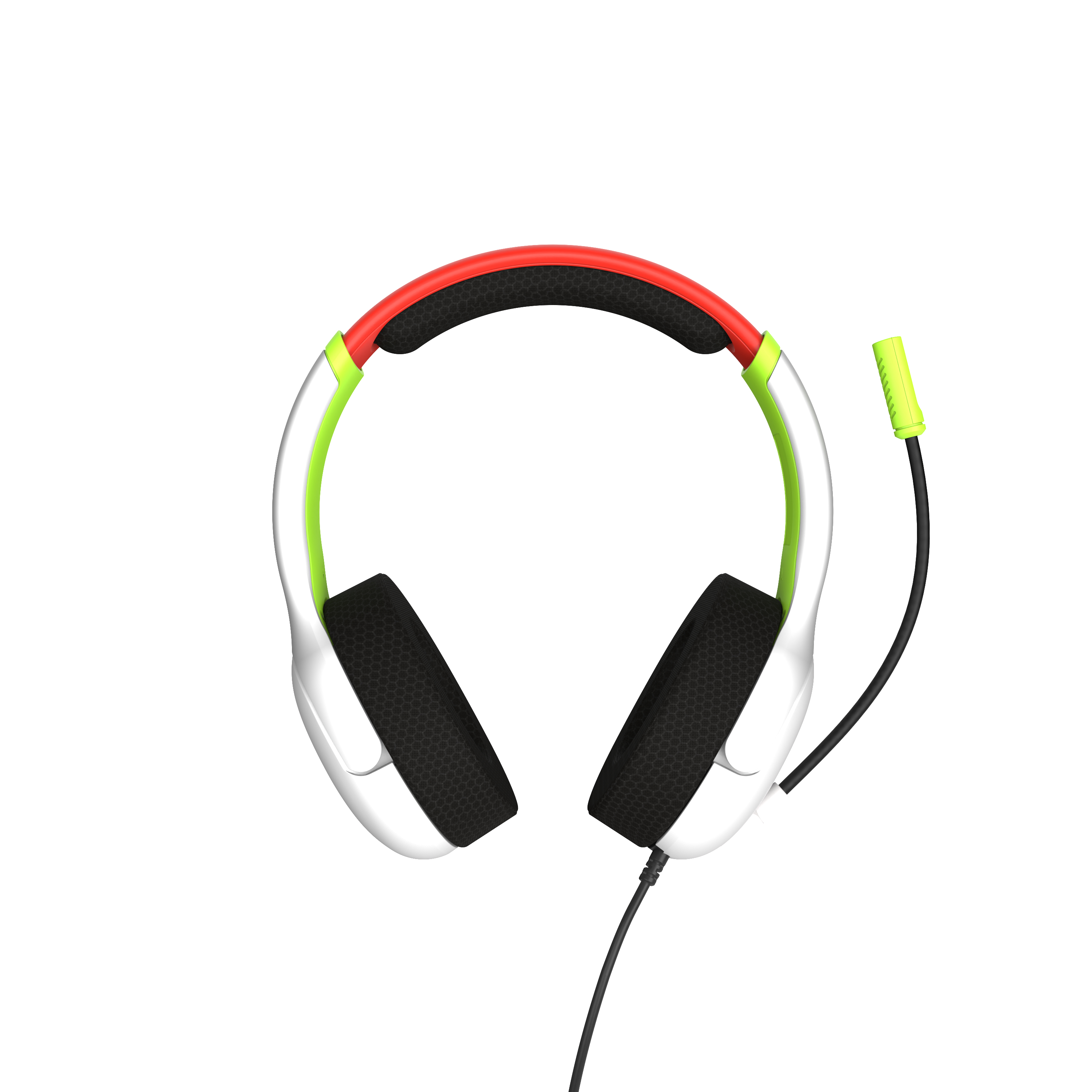 Białe słuchawki z czerwoną opaską i zielonym mikrofonem. Białe tło.