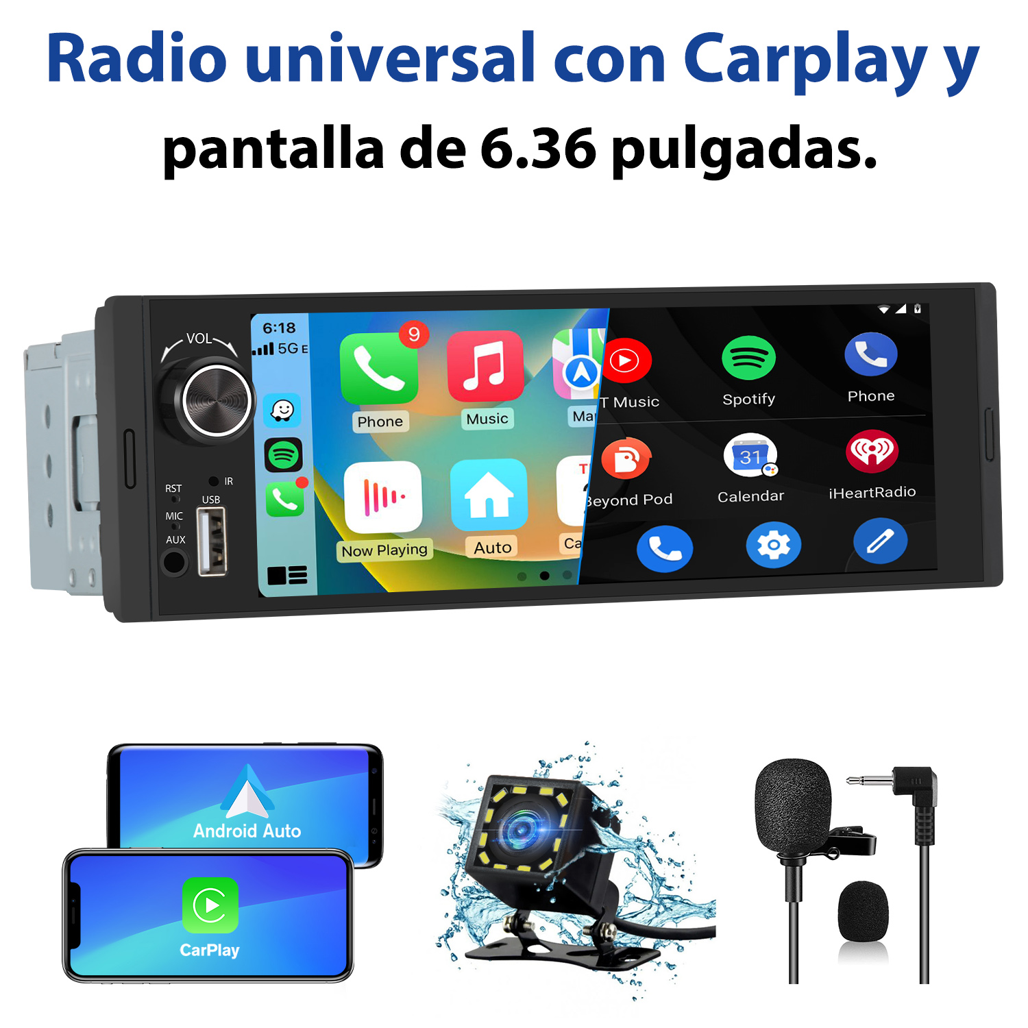 Radio de coche con pantalla táctil, mostrando apps telefónicas. Debajo, cámara, Android Auto y micro.