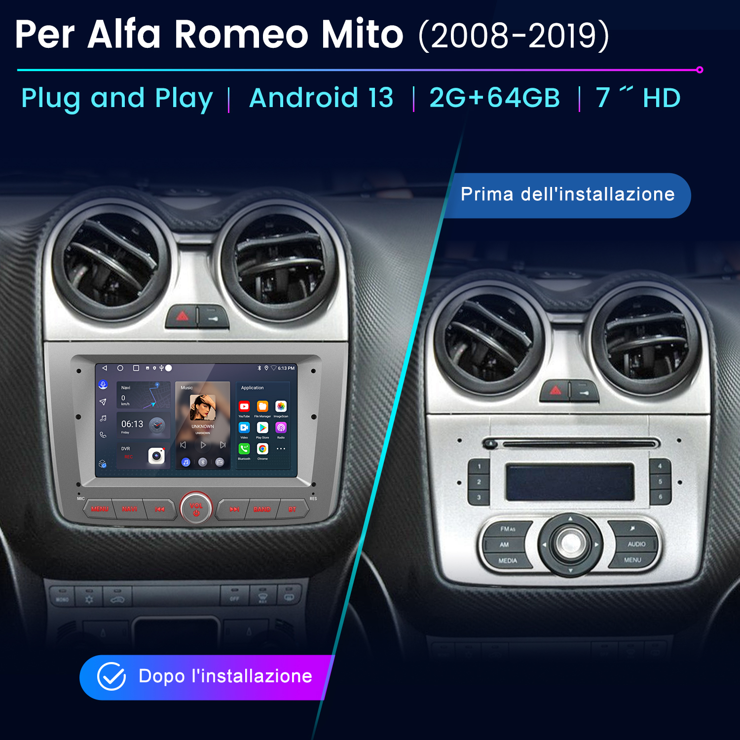 Cruscotto auto: prima e dopo l'installazione. Il nuovo sistema Android sostituisce il vecchio. Mostra musica e app. Argento e nero.