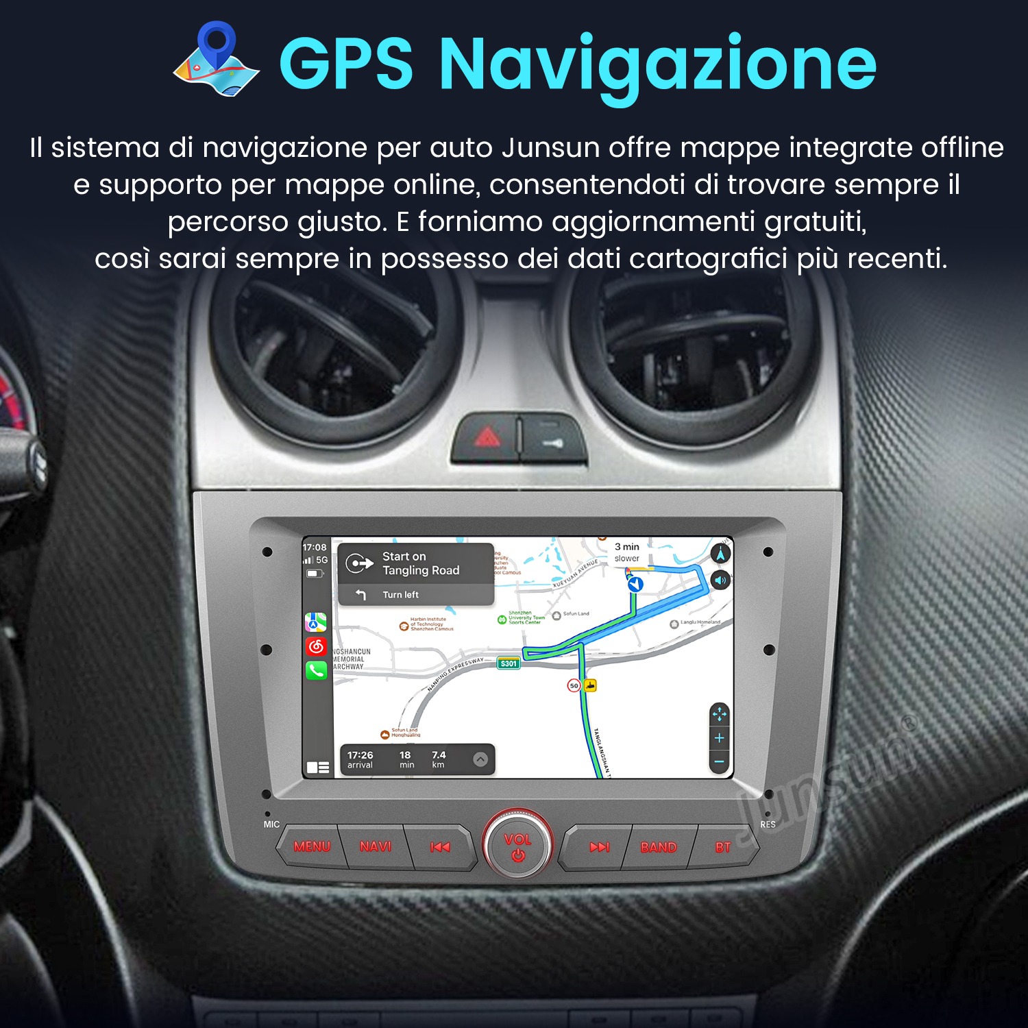 Autoradio con navigazione GPS. Mostra una mappa con le istruzioni di navigazione sullo schermo.