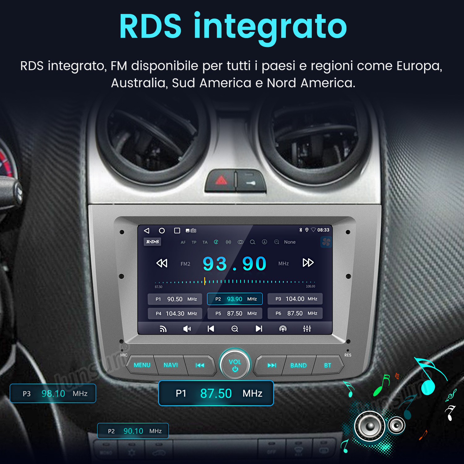 Schermo della radio dell'auto che mostra le informazioni radio. Il cruscotto e le bocchette d'aria sono sullo sfondo.
