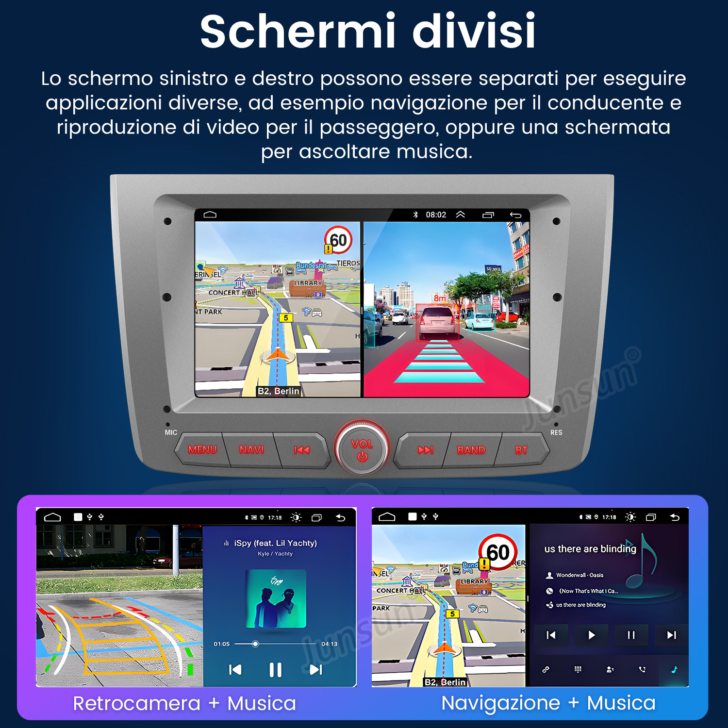 Schermo auto con mappe e musica. Schermo diviso con opzioni di navigazione e musica.