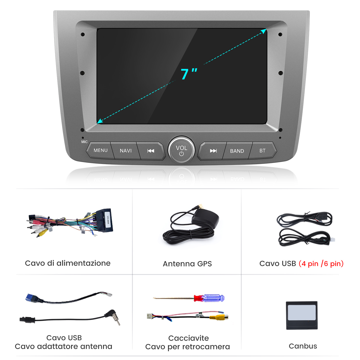 Sistema multimediale per auto con schermo da 7 pollici e accessori, inclusi cavi e strumenti.