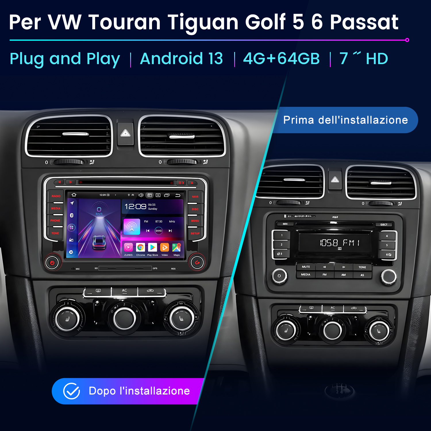 Autoradio installata nel cruscotto dell'auto. Mostrato il prima e il dopo l'installazione.