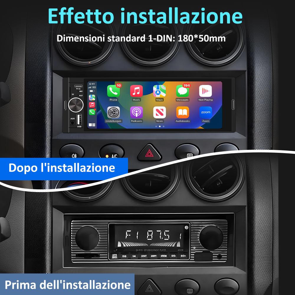 Schermo autoradio, prima e dopo l'installazione. Mostra schermo radio e nuovo digitale.