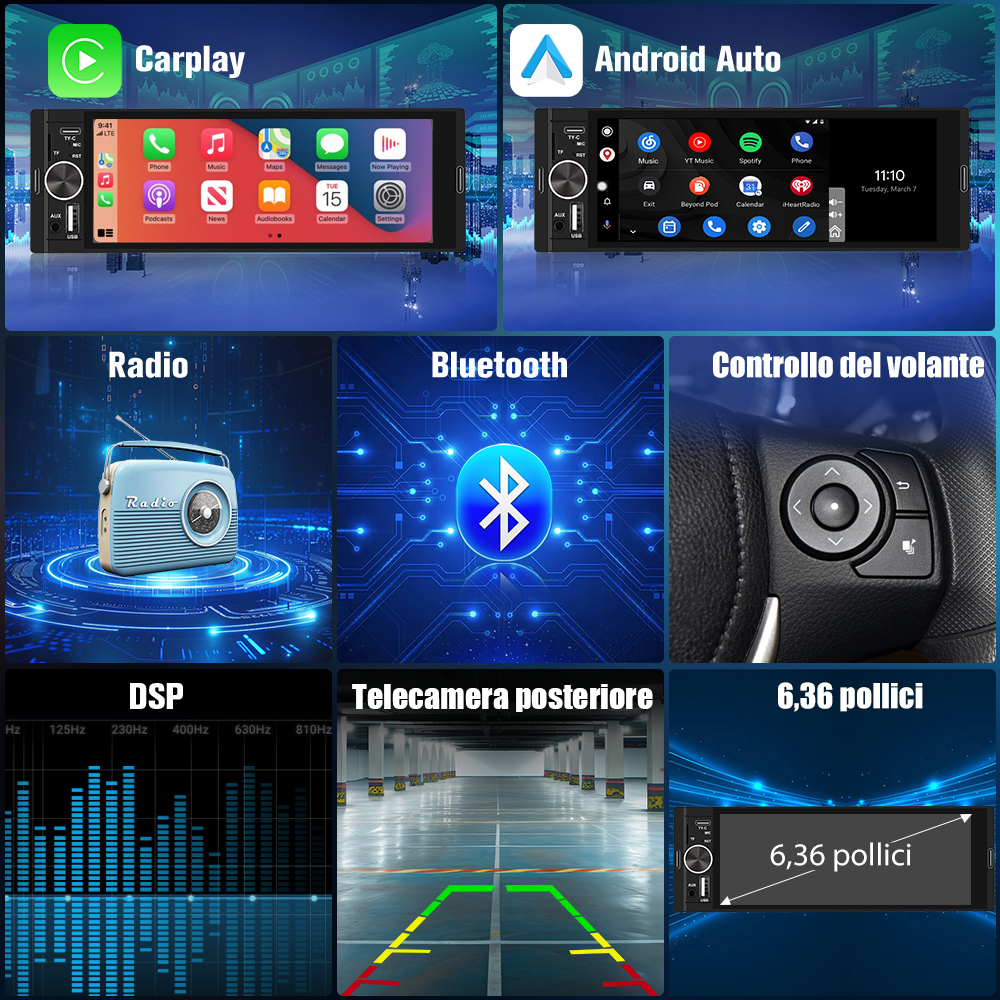 Schermo autoradio con CarPlay e Android Auto, più icone radio, Bluetooth e telecamera posteriore.