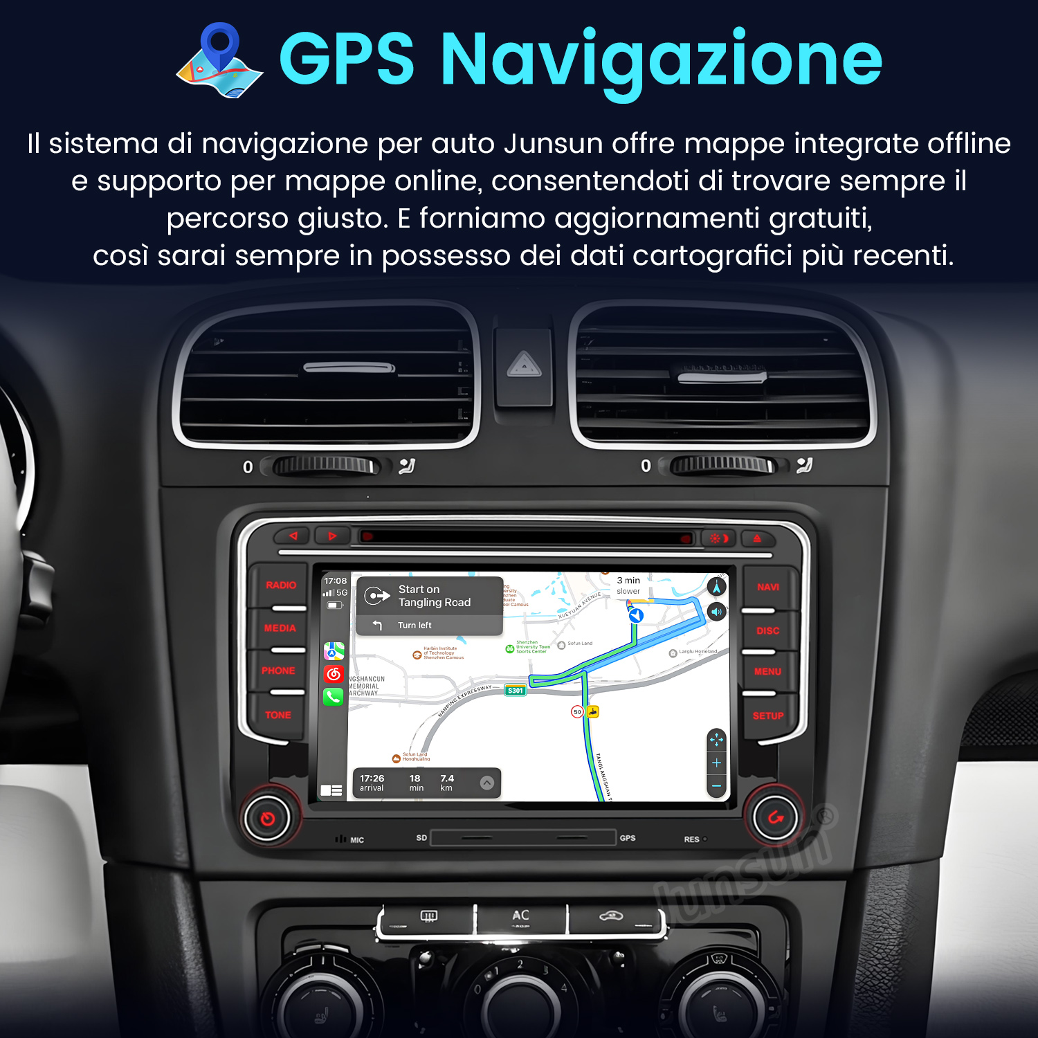 Schermo autoradio che mostra la navigazione GPS con mappa e dettagli del cruscotto.