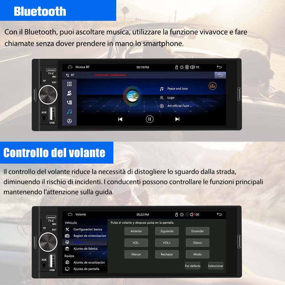 Sistema stereo per auto con Bluetooth e comandi al volante. Mostra opzioni di musica e stazioni radio sullo schermo.